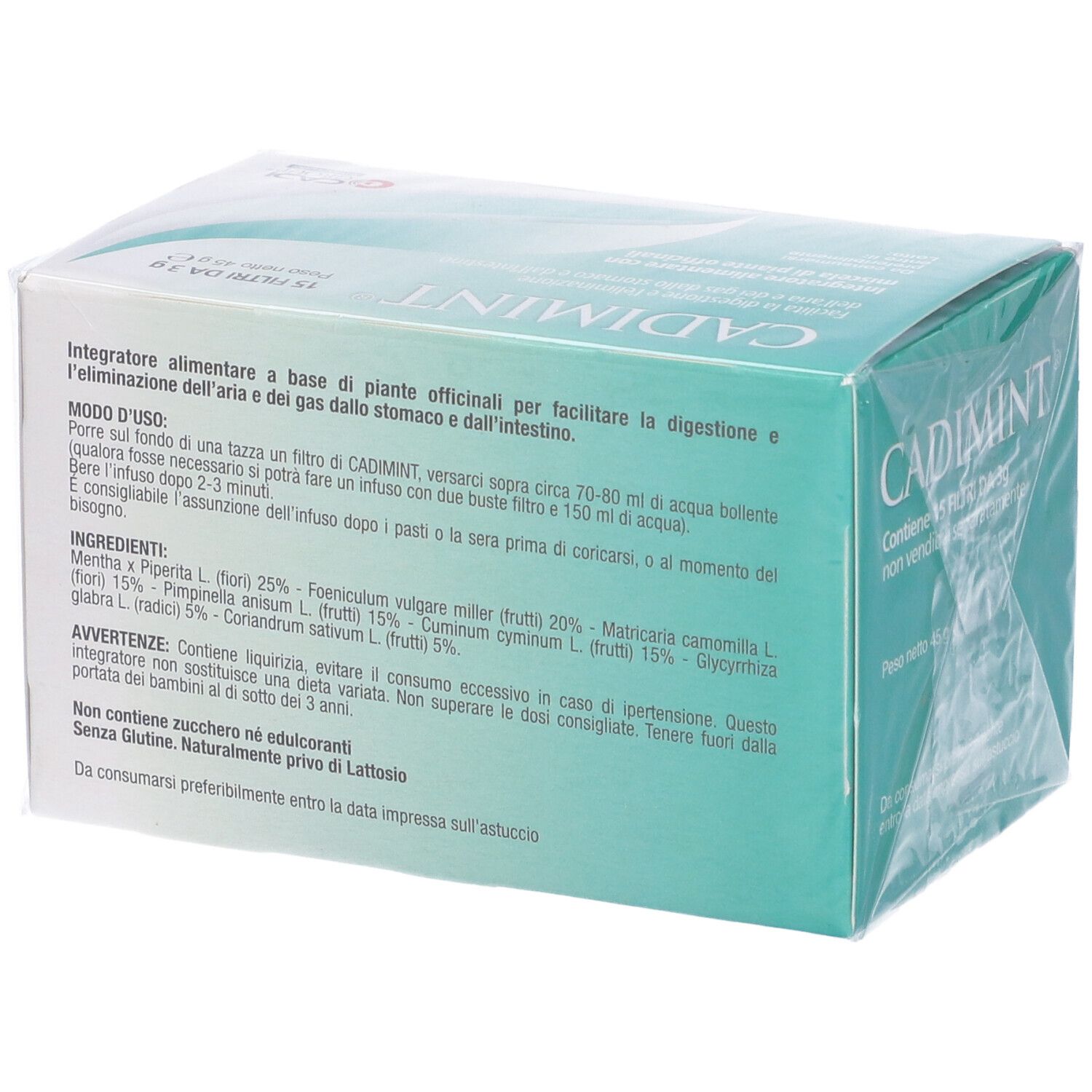 Scatola Cadimint, retro con ingredienti e istruzioni per l'uso. Testo in italiano.