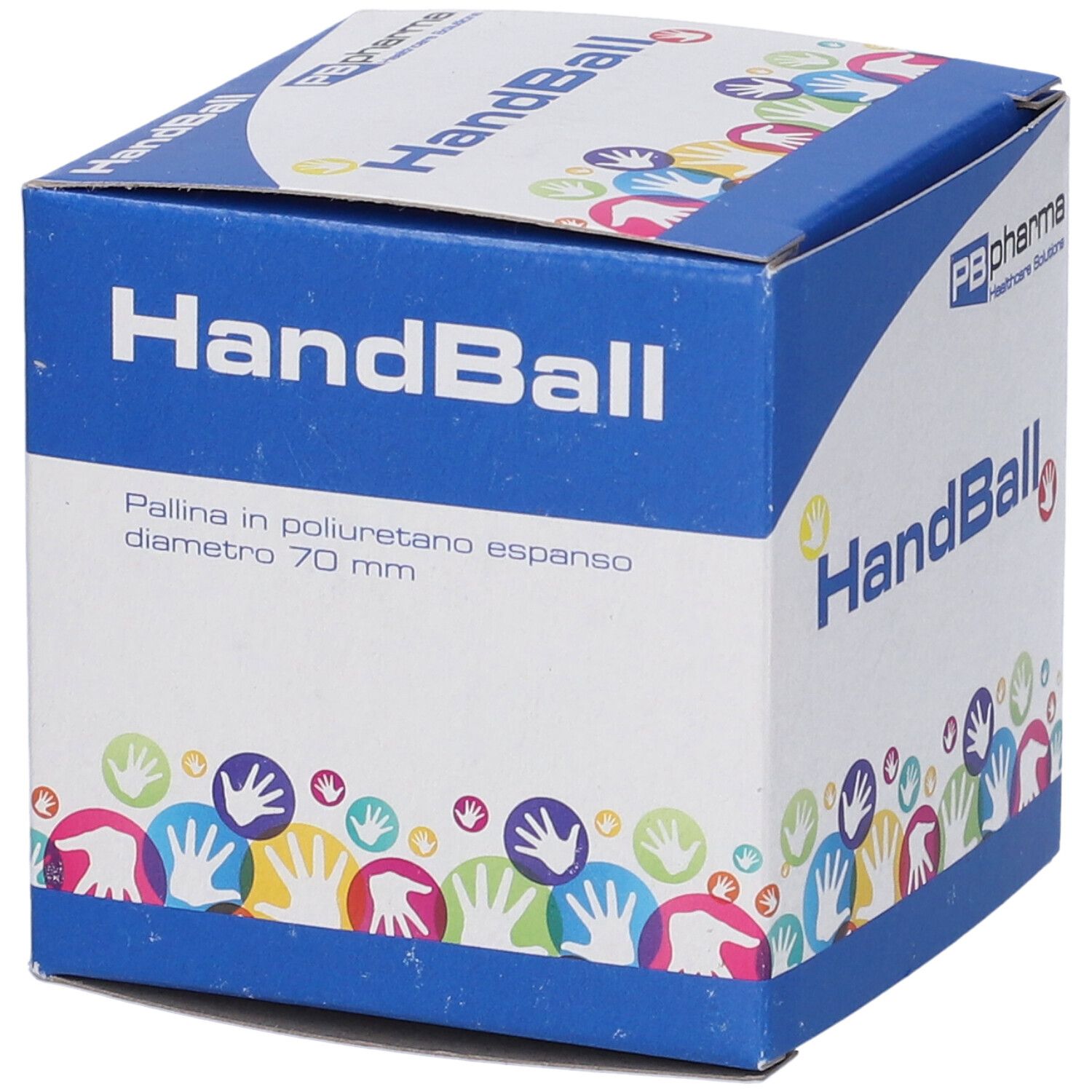 Confezione HandBall. Marchio PB pharma. Diametro 70 mm. Confezione blu e bianca.