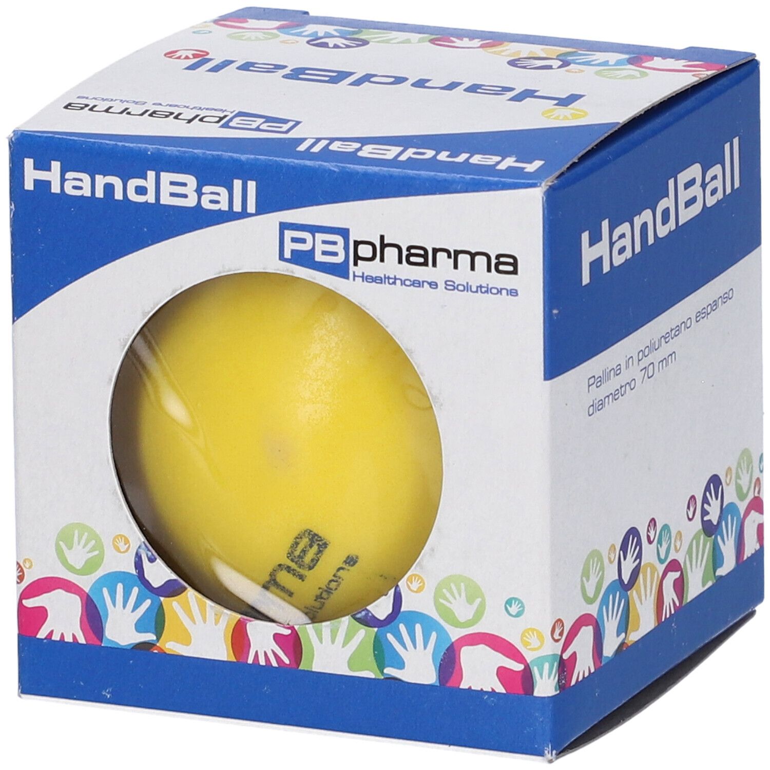 Confezione HandBall. Sfera gialla visibile. Marchio PB pharma. Diametro 70 mm.