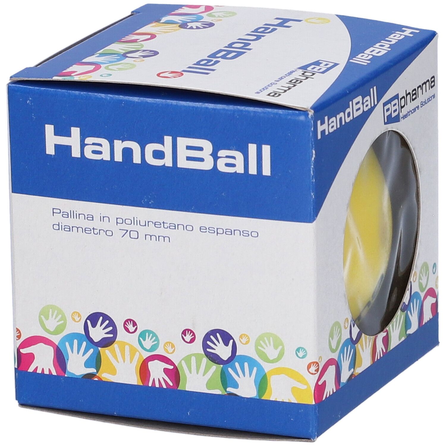 Confezione HandBall. Sfera gialla visibile. Marchio PB pharma. Diametro 70 mm.