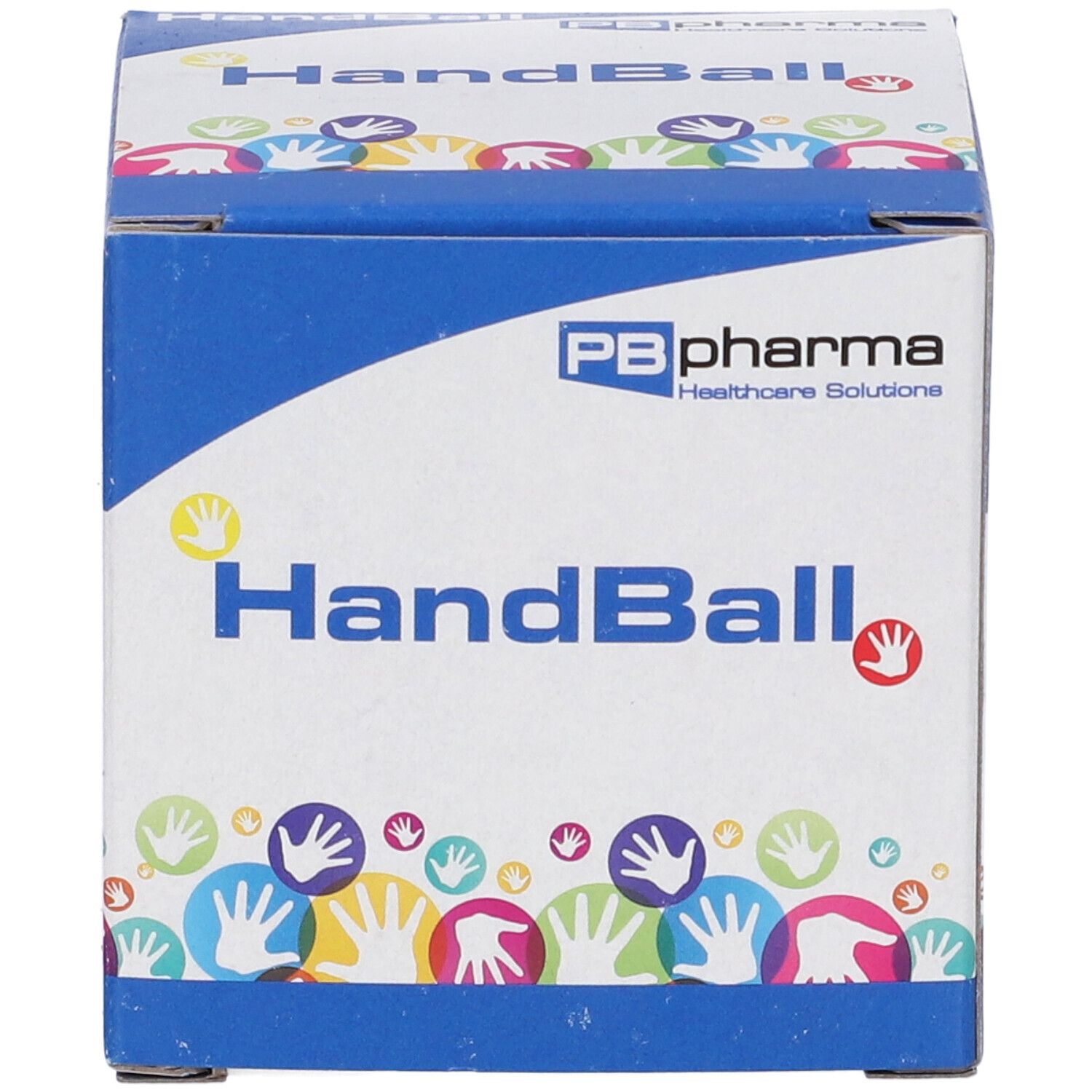 Confezione HandBall. Marchio PB pharma. Illustrazioni di mani. Confezione blu e bianca.