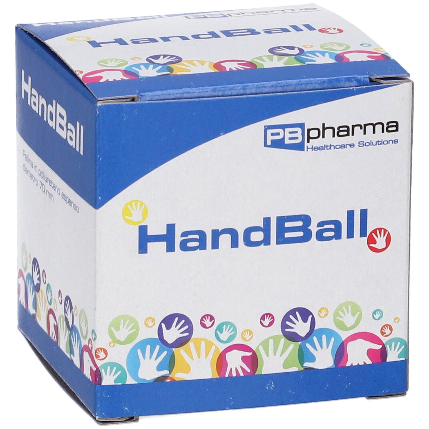 Confezione HandBall. Marchio PB pharma. Illustrazioni di mani. Confezione blu e bianca.