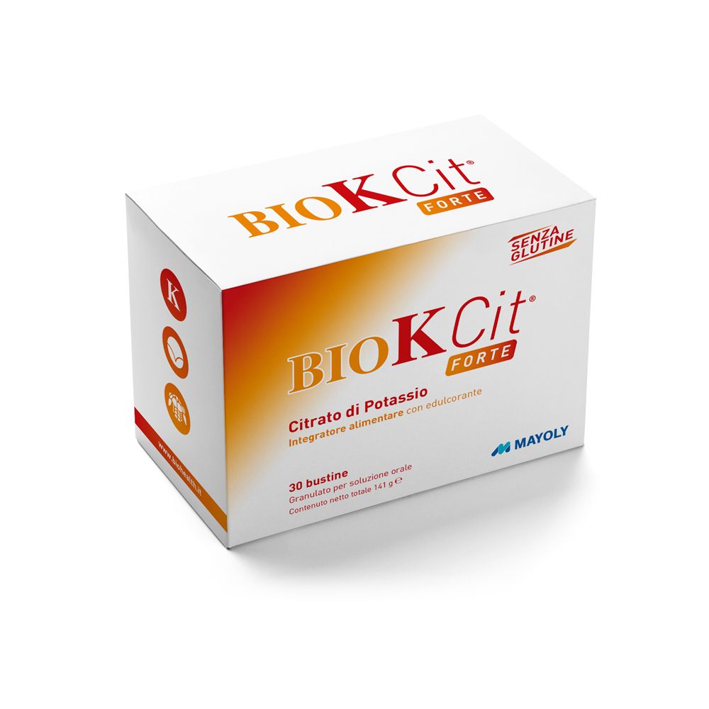 Scatola bianca con logo "BIOKcit Forte". Contiene 30 bustine. Scritta "Senza Glutine".