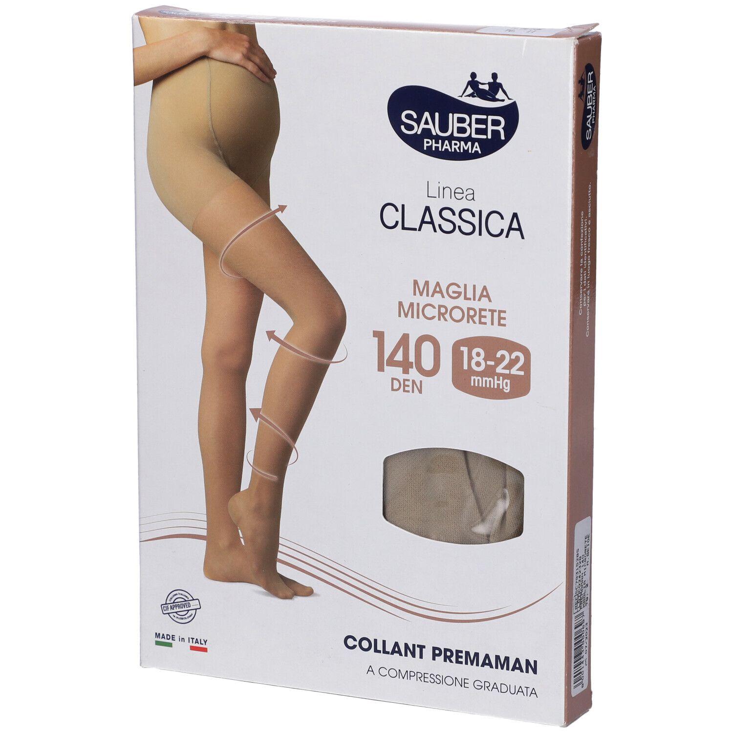Confezione Collant Premaman. Marca Sauber Pharma, Linea Classica, Maglia Microrete, 140 Den, 18-22 mmHg. Immagine prodotto.