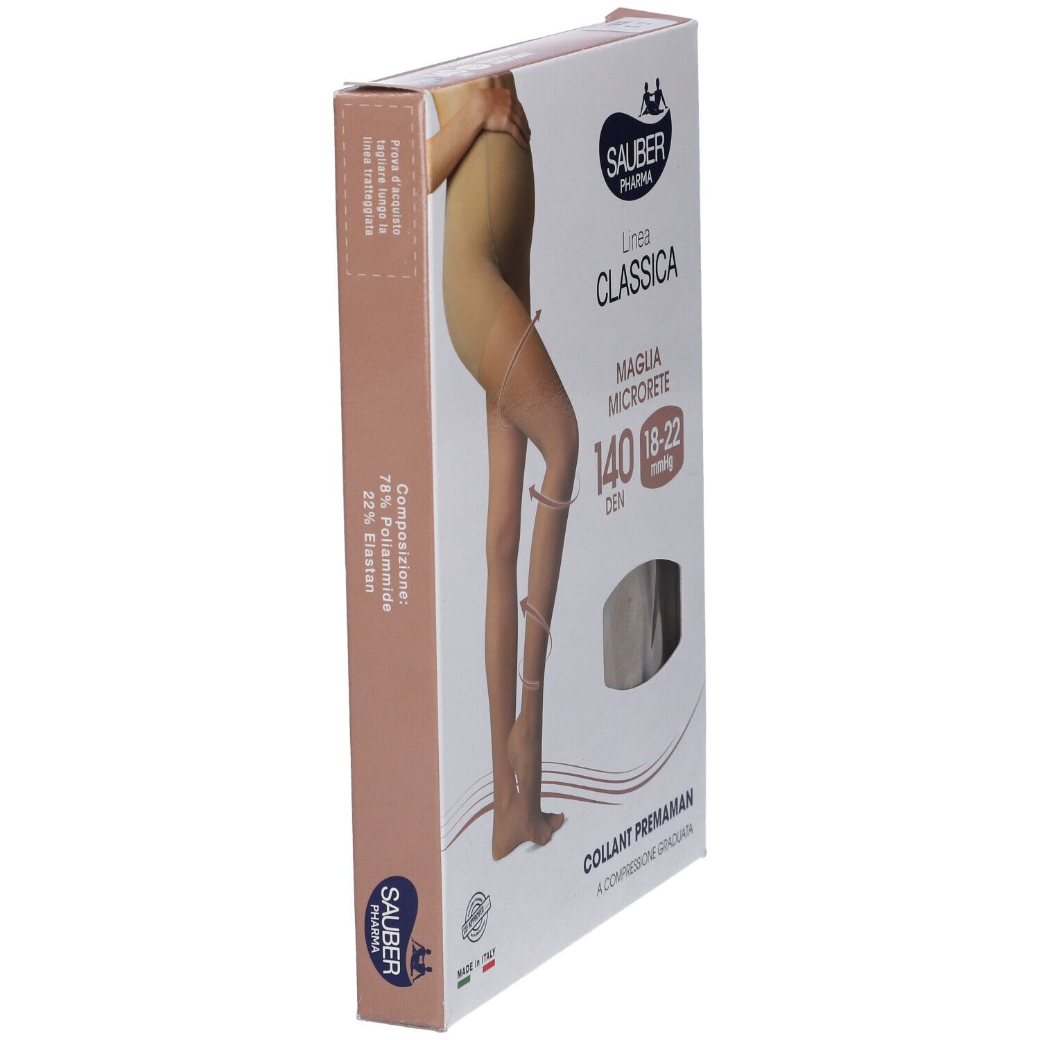 Confezione Collant Premaman. Marca Sauber Pharma, Linea Classica, Maglia Microrete, 140 Den, 18-22 mmHg. Vista laterale.