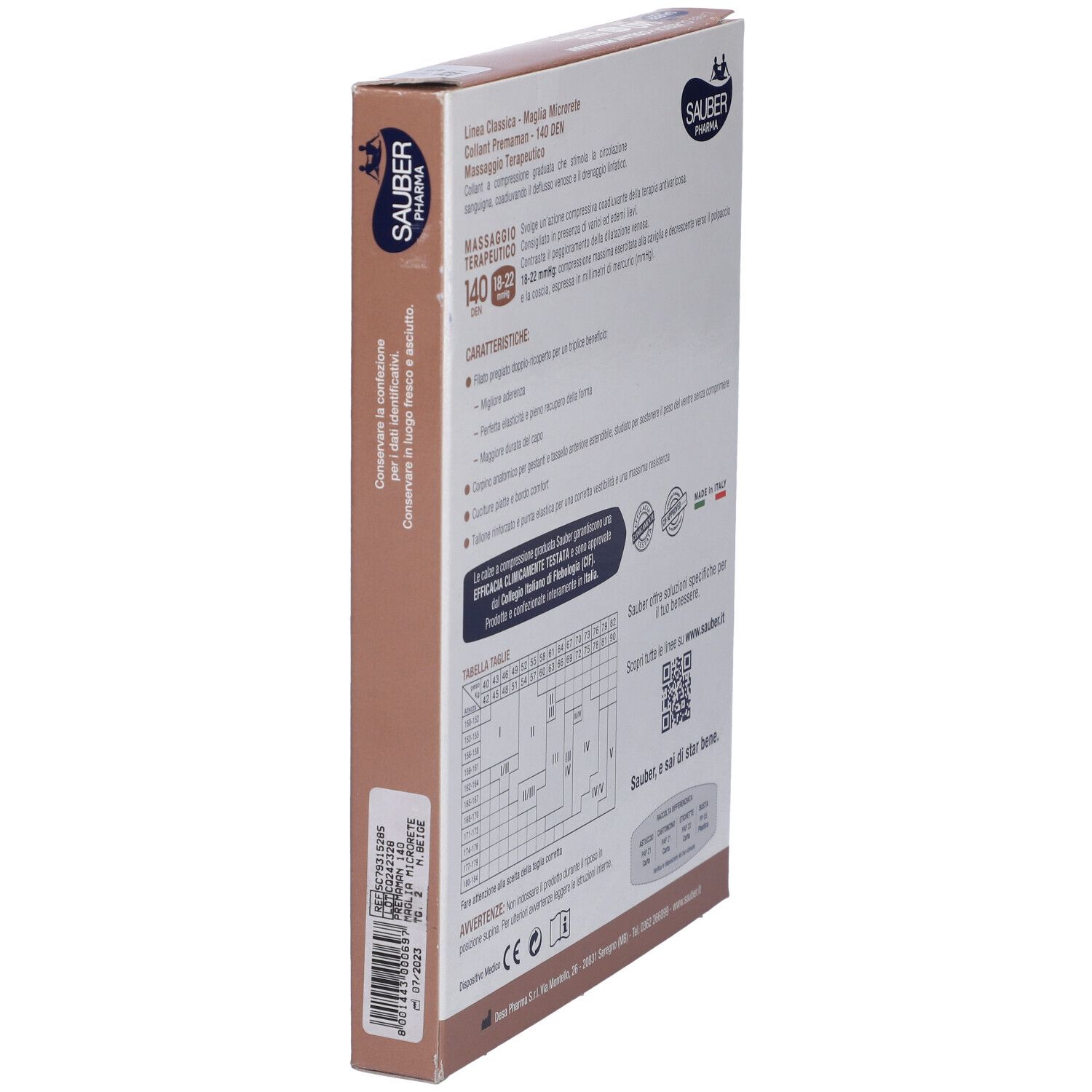 Vista laterale della confezione Collant Premaman. Informazioni testuali, marchio Sauber Pharma, codice a barre, luogo di produzione.