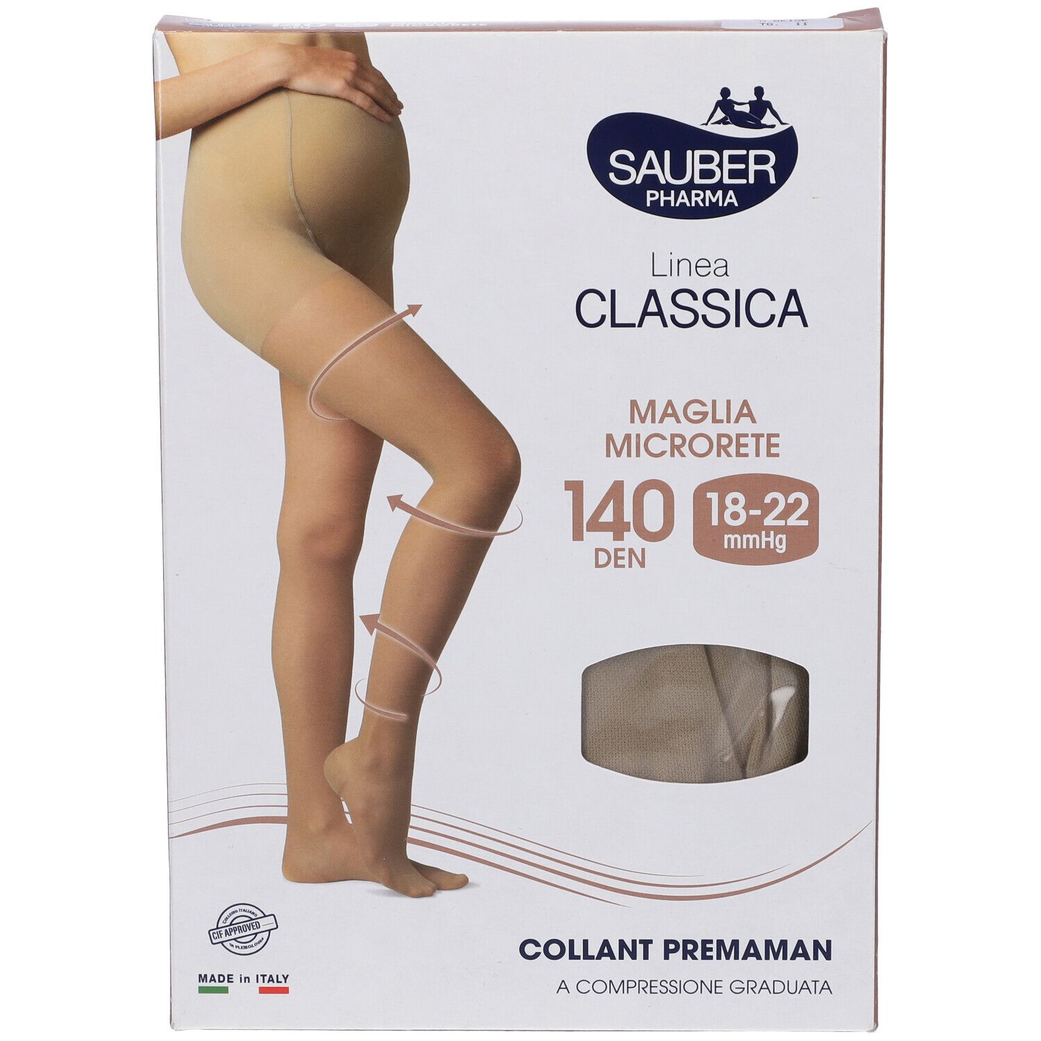 Confezione Collant Premaman. Marca Sauber Pharma, Linea Classica, Maglia Microrete, 140 Den, 18-22 mmHg. Immagine prodotto.