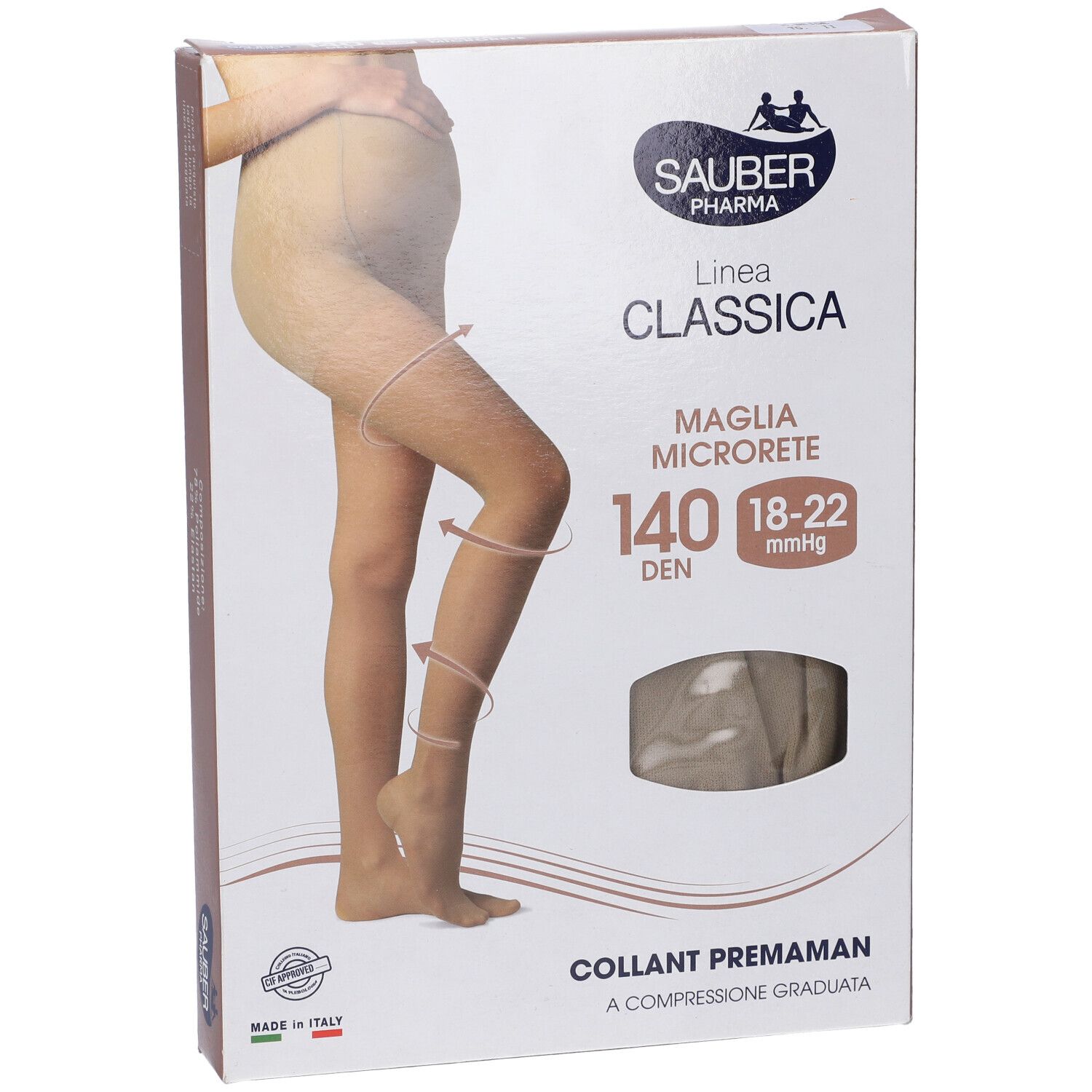 Confezione Collant Premaman. Marca Sauber Pharma, Linea Classica, Maglia Microrete, 140 Den, 18-22 mmHg. Immagine prodotto.