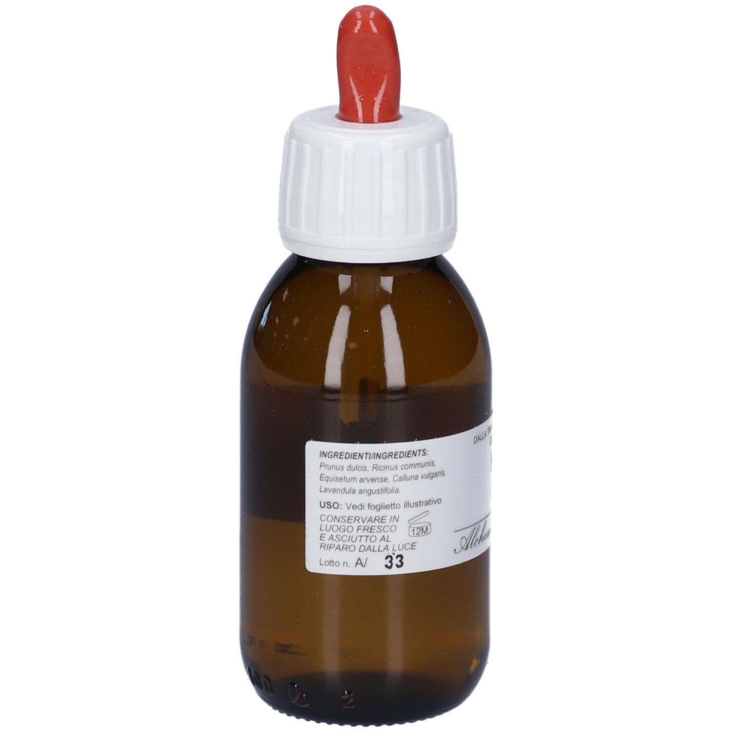 Flacone di vetro marrone con tappo bianco e contagocce rosso. Scritta: Ingredienti, istruzioni per l'uso.