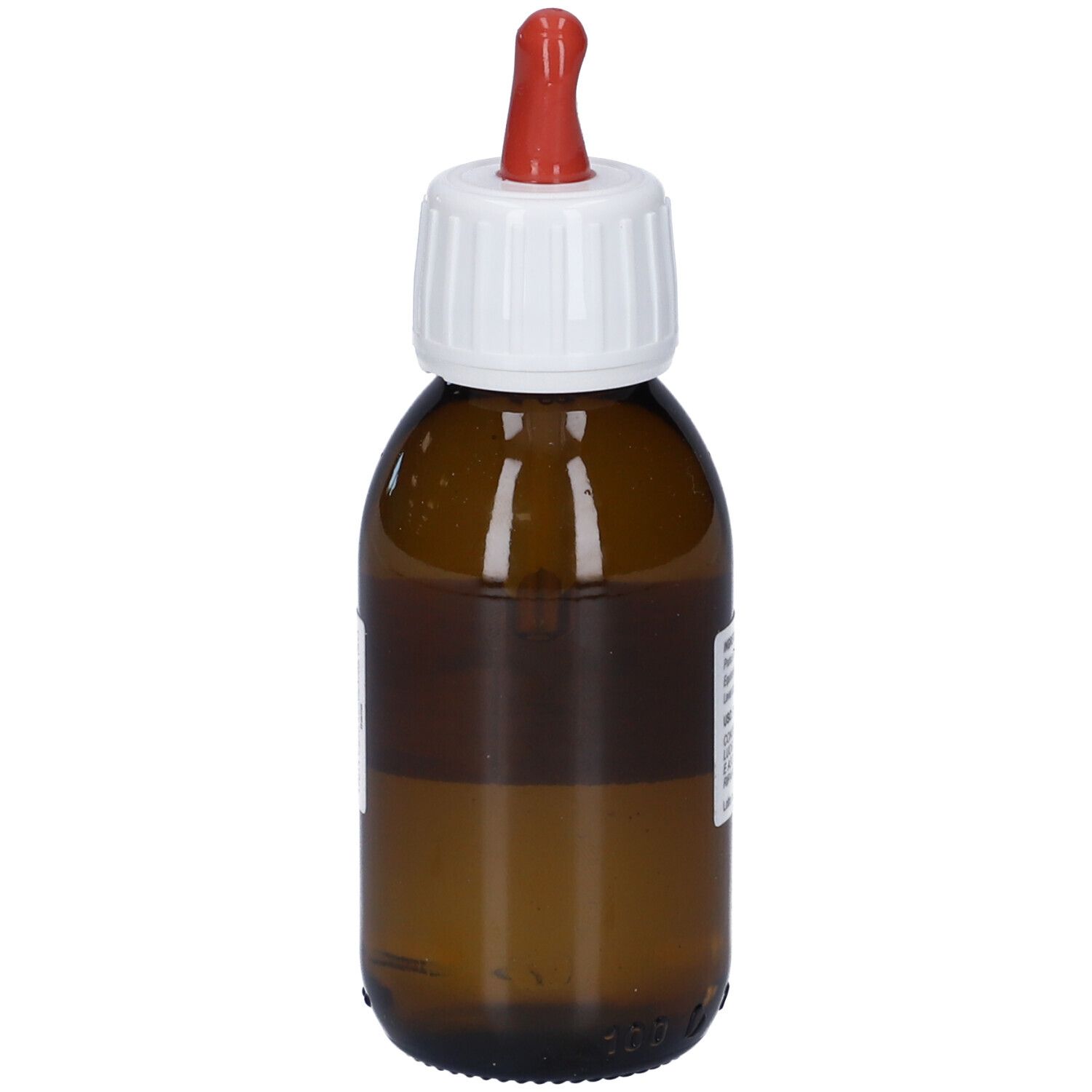 Flacone di vetro marrone con tappo bianco e contagocce rosso. Liquido visibile. Etichetta con testo.