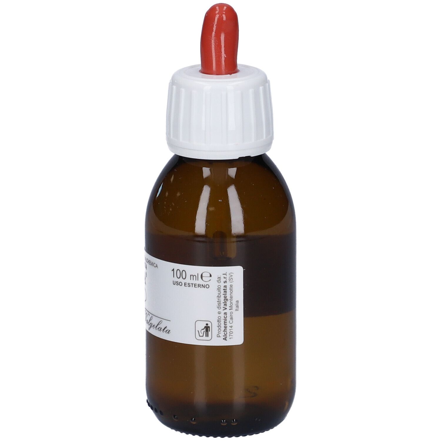 Flacone di vetro marrone con tappo bianco e contagocce rosso. Scritta: 100 ml, Uso esterno.