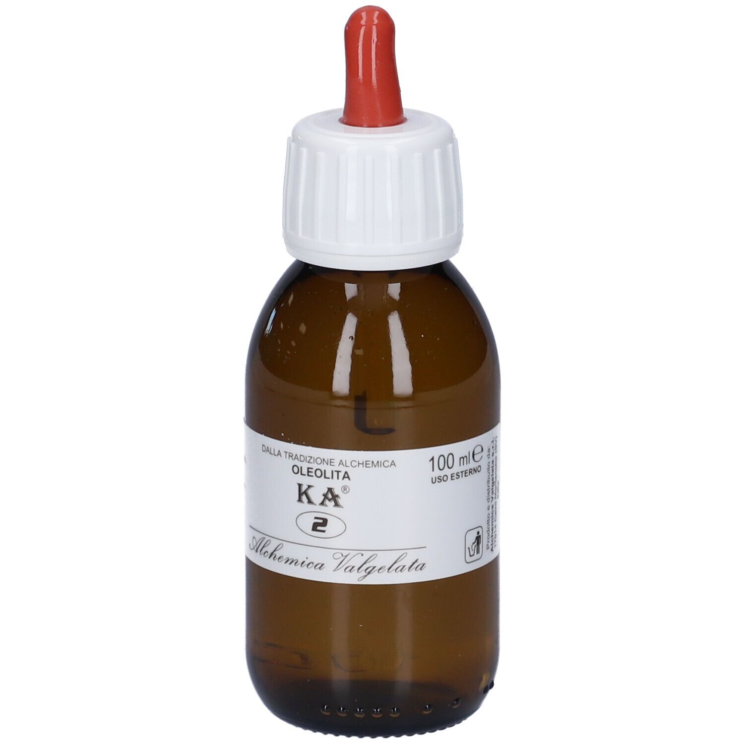 Flacone di vetro marrone con tappo bianco e contagocce rosso. Scritta: KA 2, Oleolita, Alchemica Valgela.