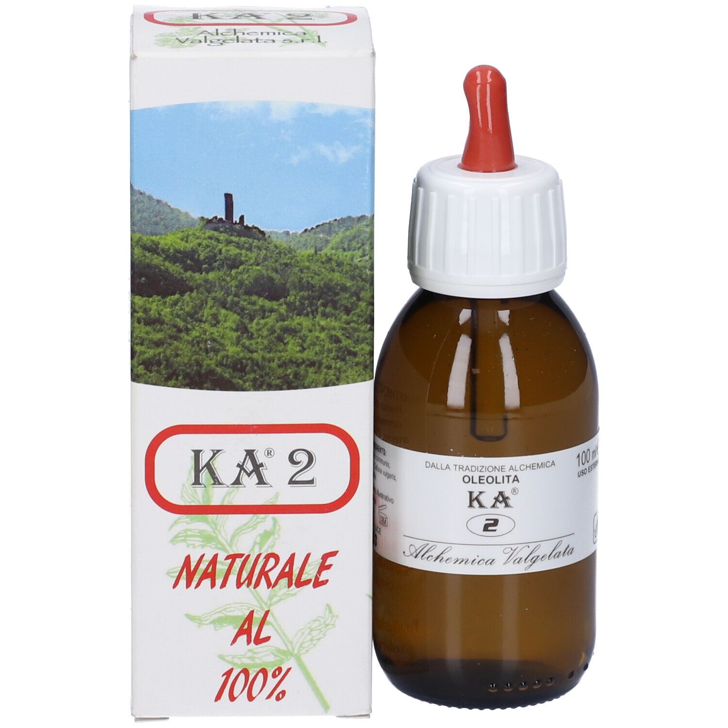 Flacone e confezione del prodotto. Confezione con paesaggio e testo: KA 2, Naturale al 100%.