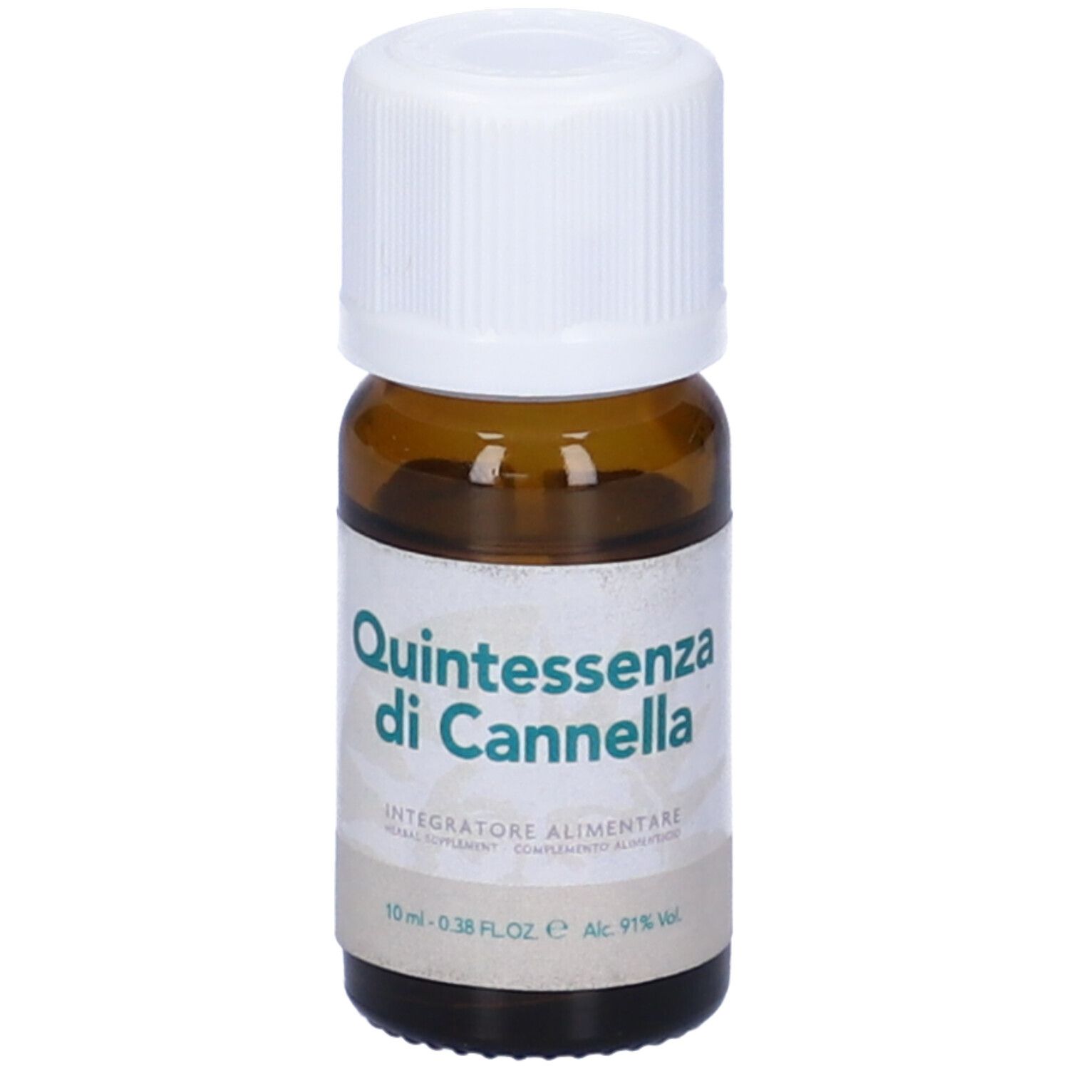 Flacone di vetro marrone con tappo a vite bianco. Scritta: Quintessenza di Cannella. Etichetta.