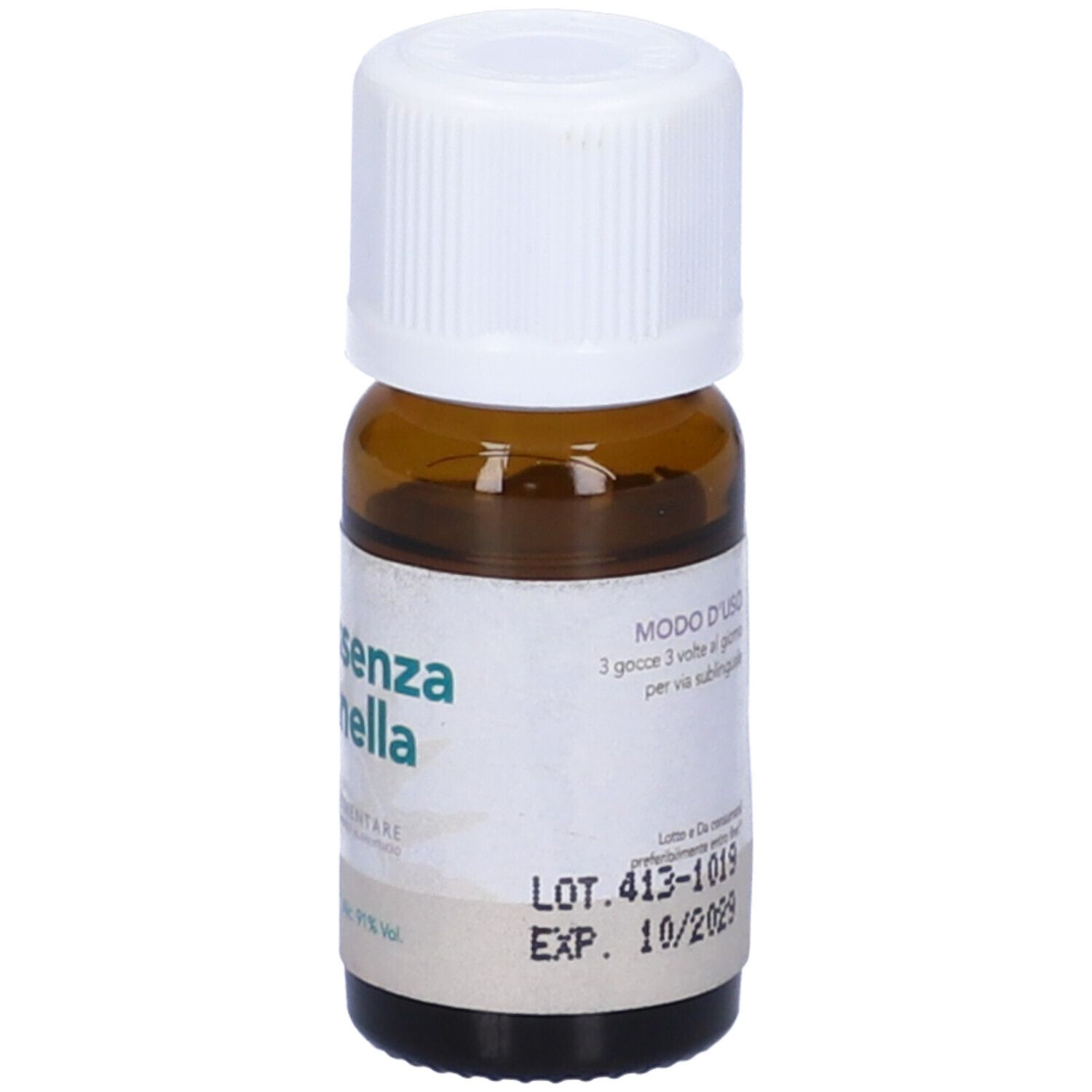 Flacone di vetro marrone con tappo a vite bianco. Etichetta con numero di lotto e data di scadenza.