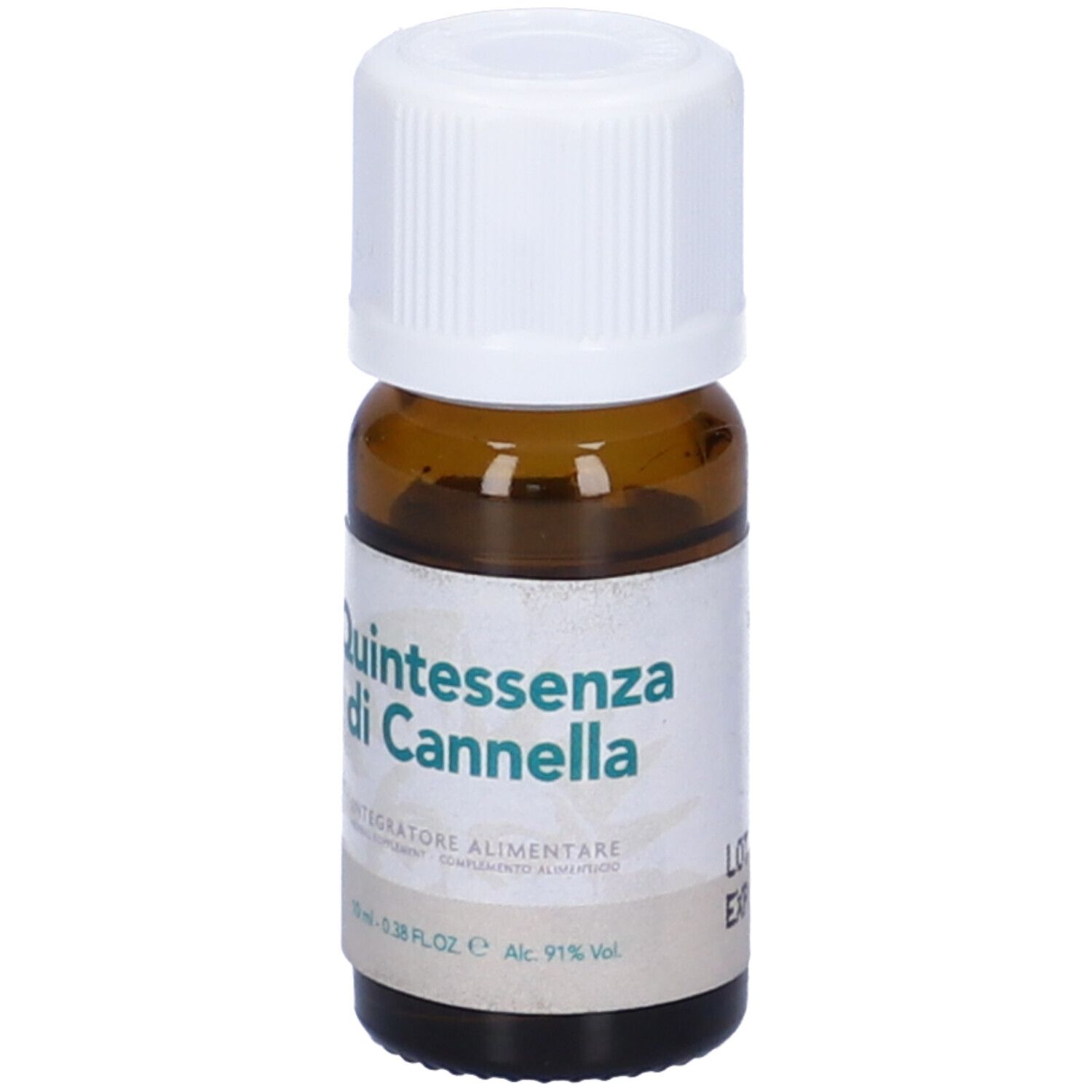 Flacone di vetro marrone con tappo a vite bianco. Scritta: Quintessenza di Cannella. Etichetta.