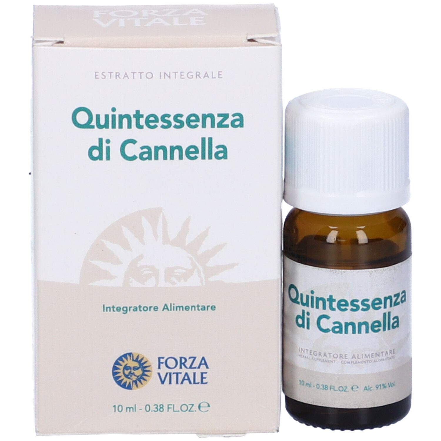 Flacone di vetro marrone con tappo a vite bianco e confezione. Scritta: Quintessenza di Cannella.