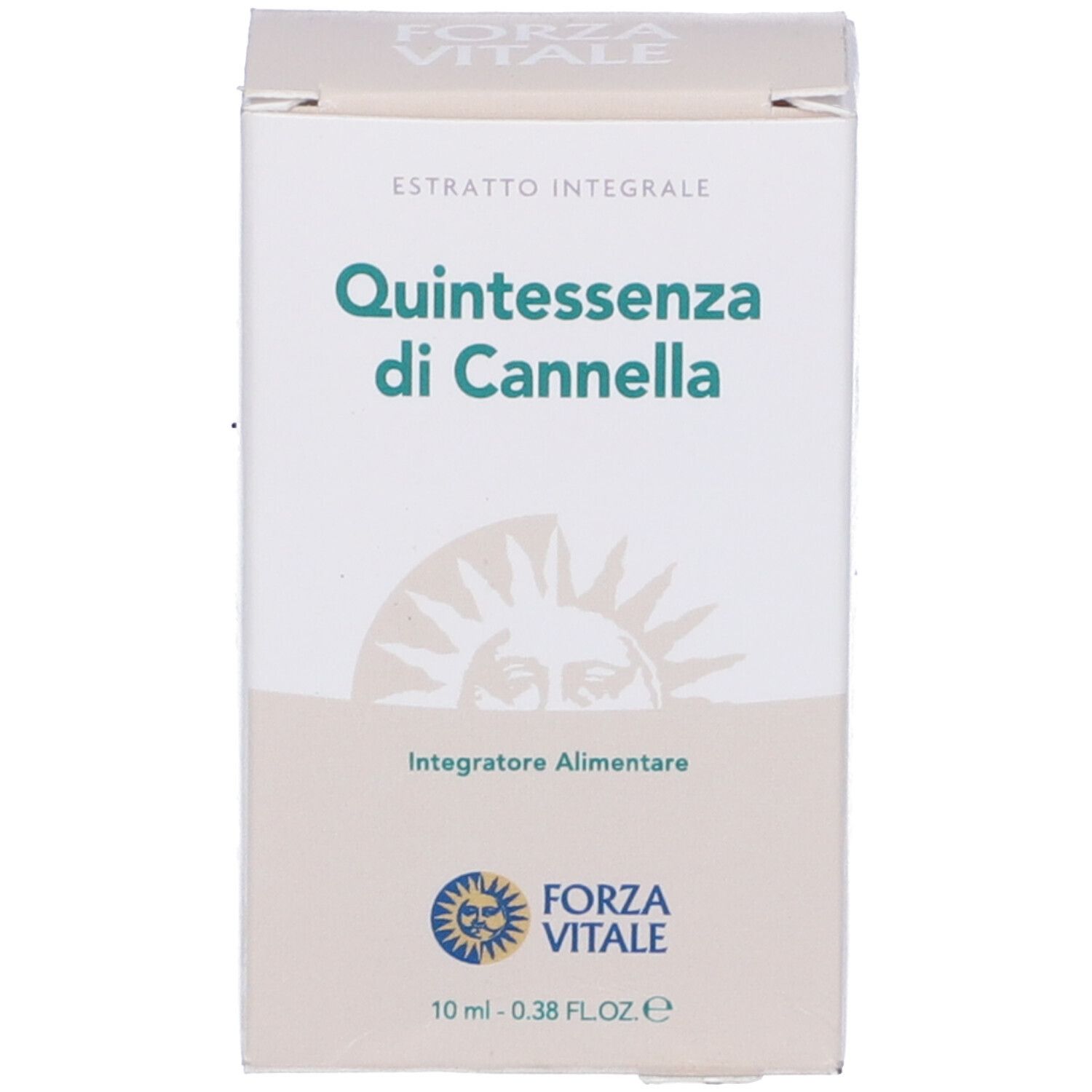 Confezione con scritta: Quintessenza di Cannella. Logo e informazioni sul prodotto.