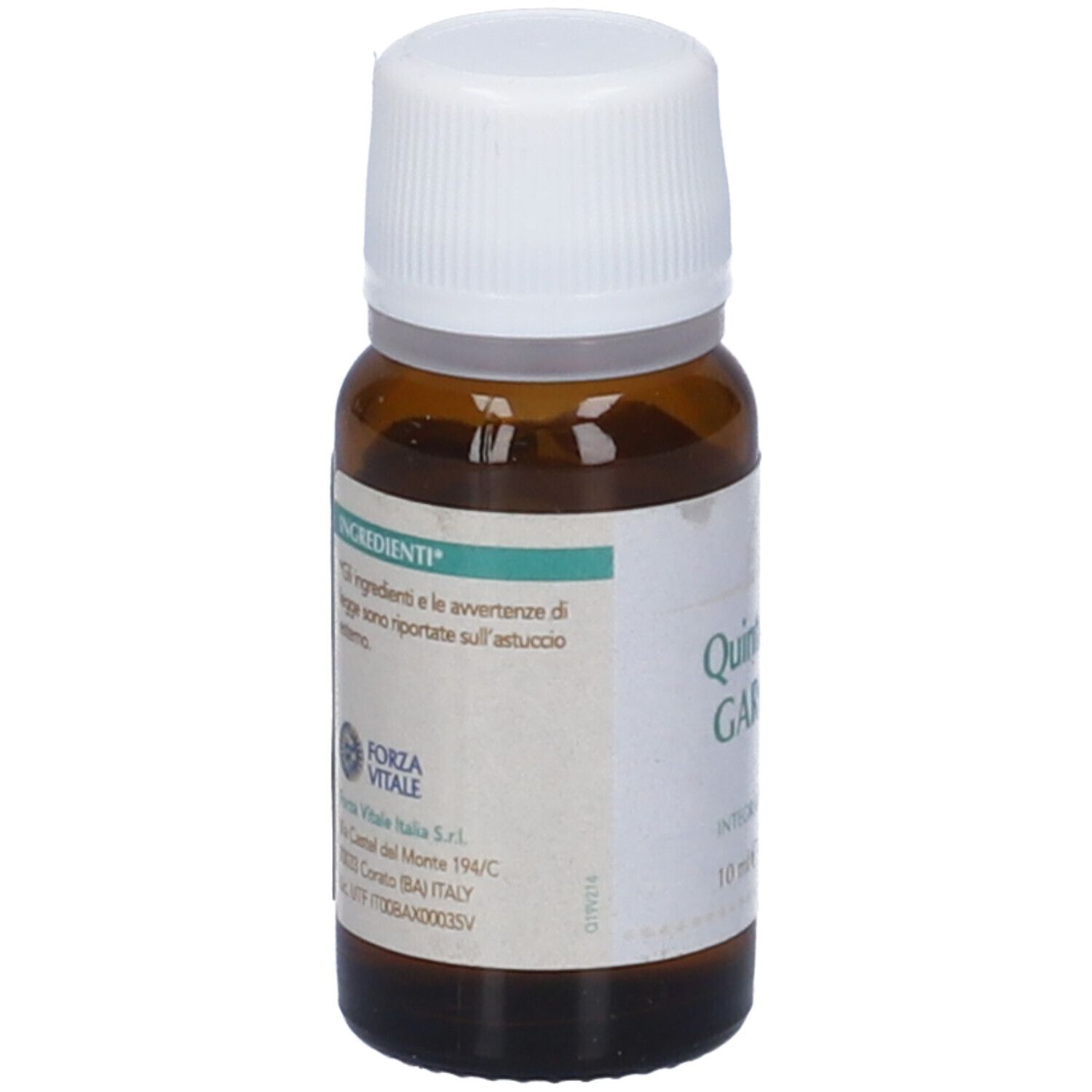 Flacone di vetro marrone con tappo bianco. Retro con ingredienti e informazioni del produttore.