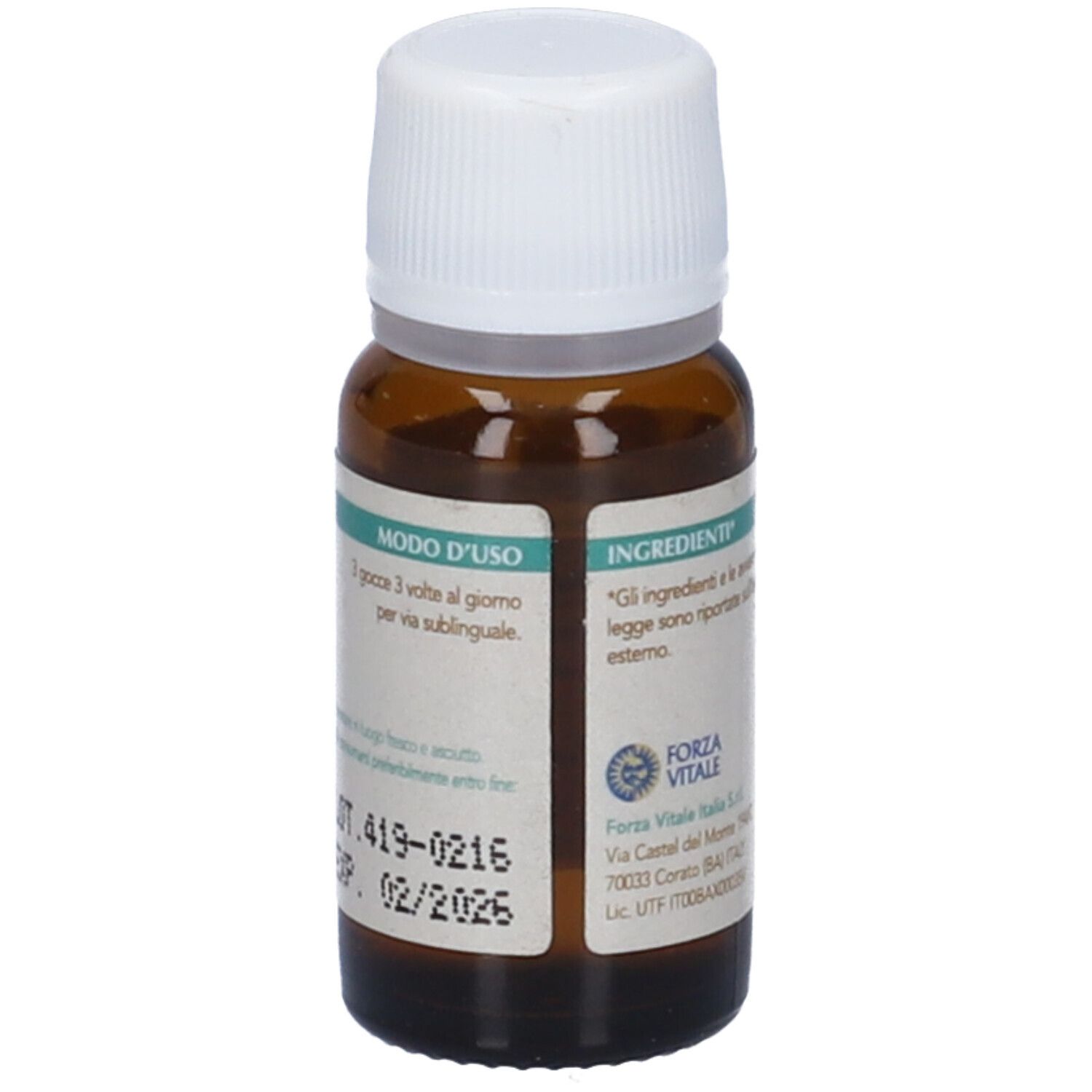 Flacone di vetro marrone con tappo bianco. Retro con istruzioni per l'uso e informazioni produttore.