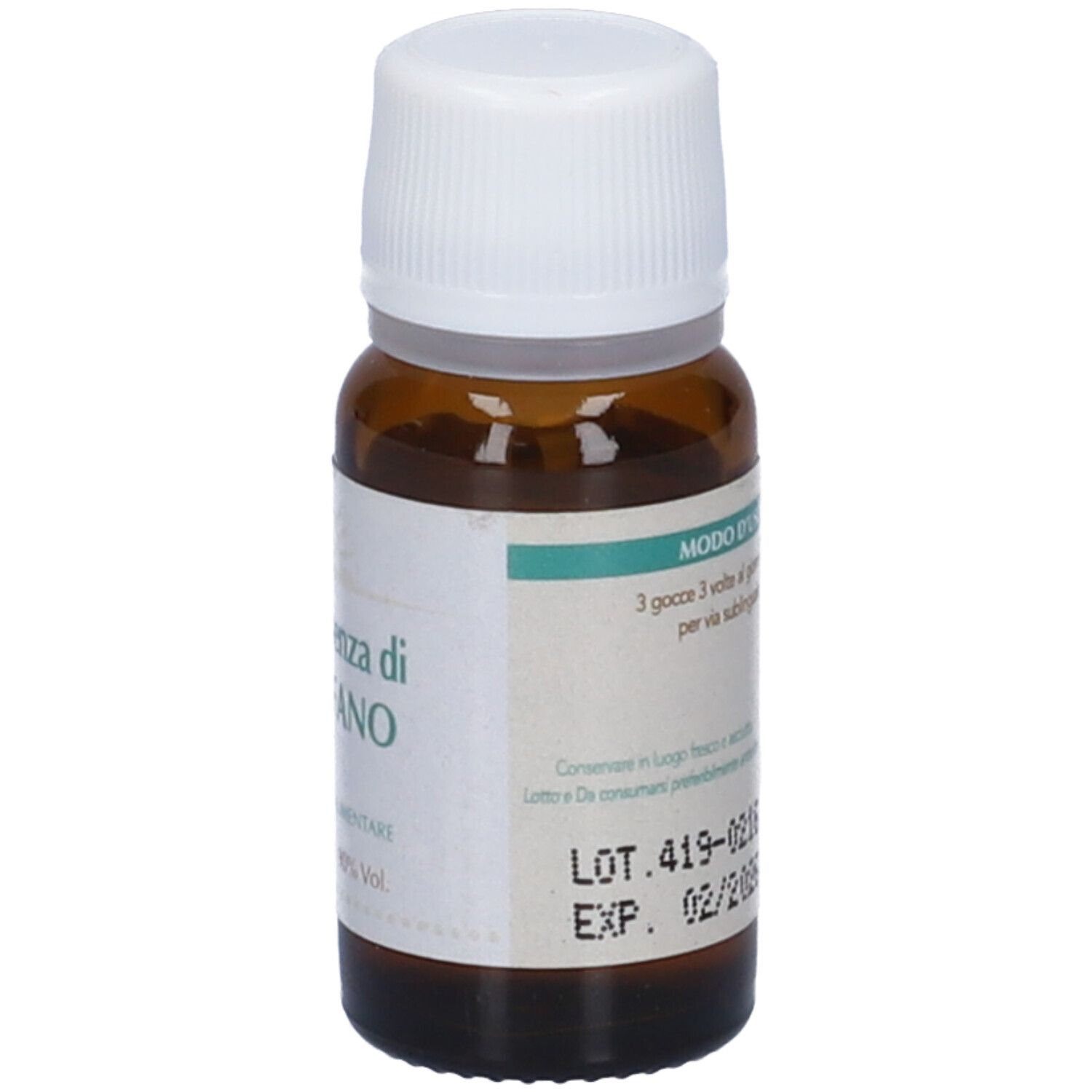 Flacone di vetro marrone con tappo bianco. Retro con istruzioni e numero di lotto.
