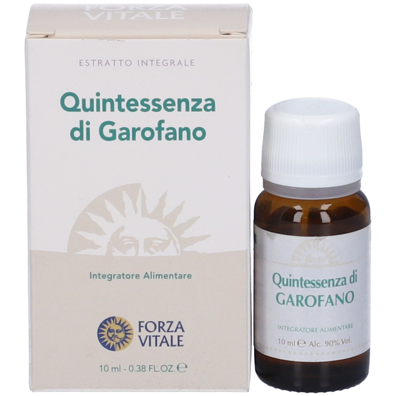 Flacone di vetro marrone con tappo bianco accanto a confezione. Etichetta con nome prodotto.