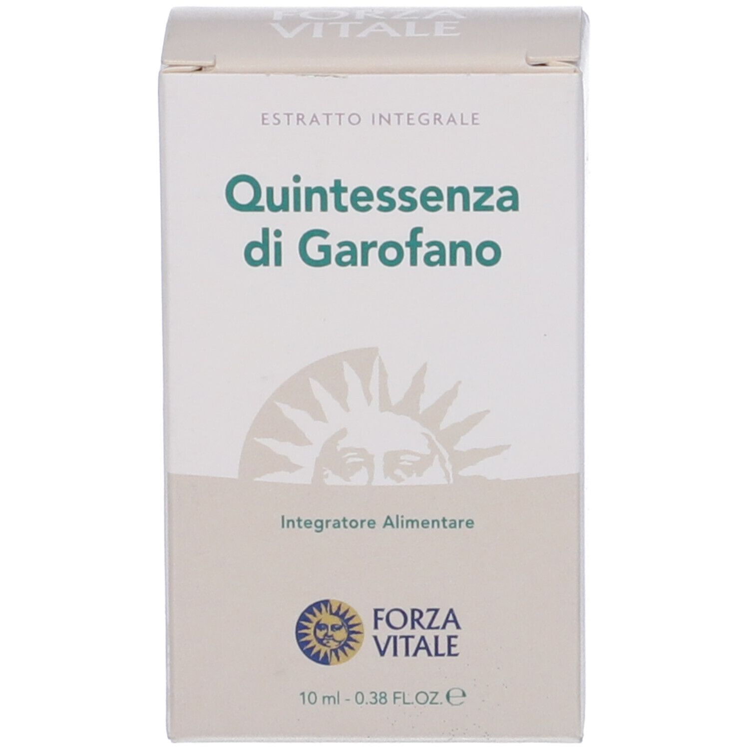 Confezione prodotto con nome e logo. Scatola bianca con testo verde.