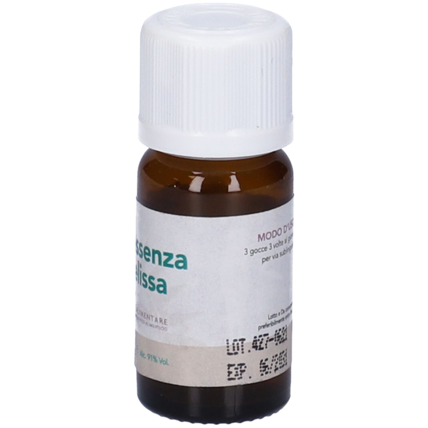 Flacone di vetro marrone con tappo bianco. Scritta: Quintessenza di Melissa, Integratore Alimentare. Marchio: Forza Vitale. Numero di lotto.