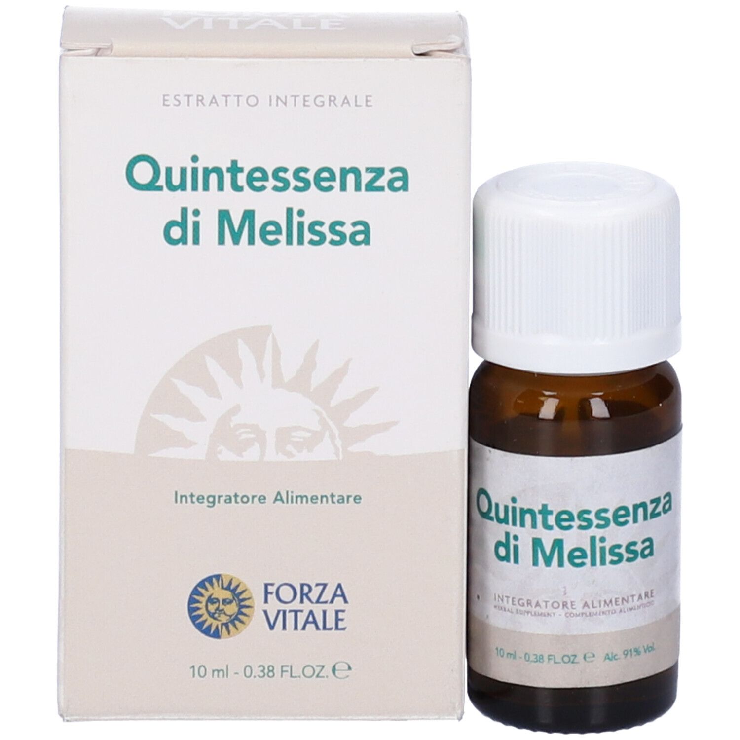 Flacone di vetro marrone con tappo bianco e confezione. Scritta: Quintessenza di Melissa, Integratore Alimentare. Marchio: Forza Vitale.