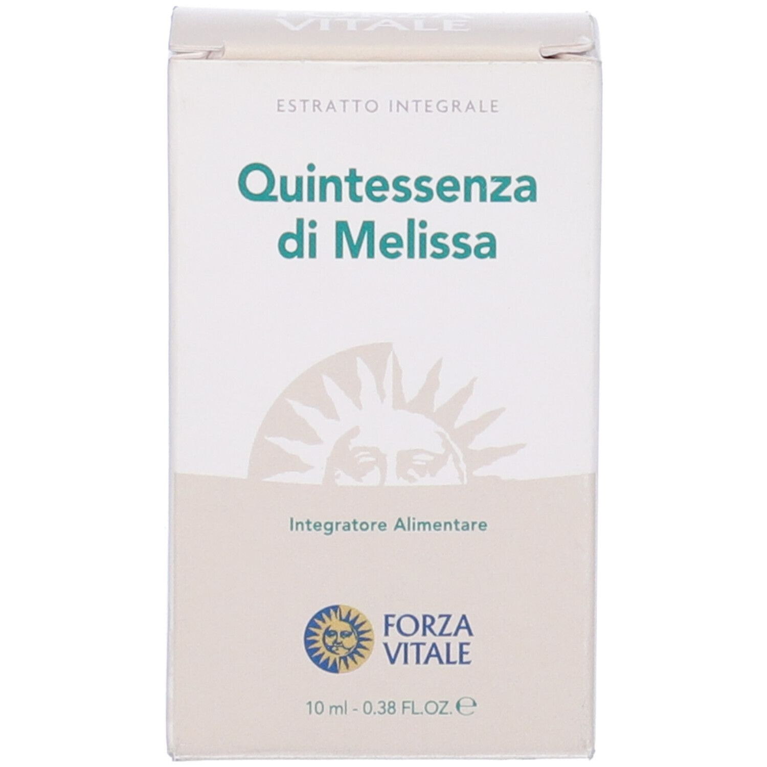 Confezione con scritta: Quintessenza di Melissa, Integratore Alimentare. Marchio: Forza Vitale. Logo sole.