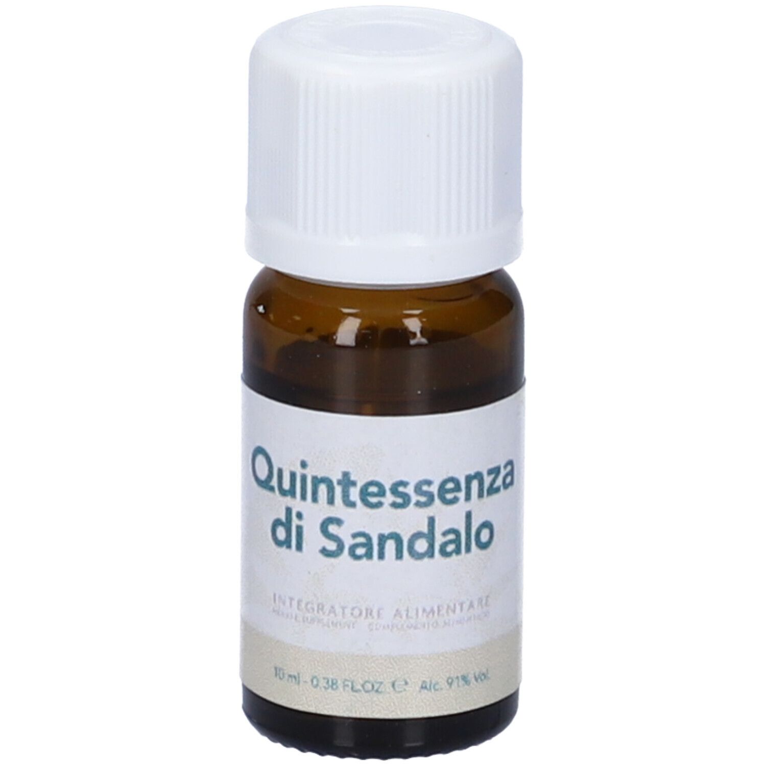 Flacone di vetro marrone con tappo bianco. Scritta: Quintessenza di Sandalo. Etichetta con informazioni sul prodotto.