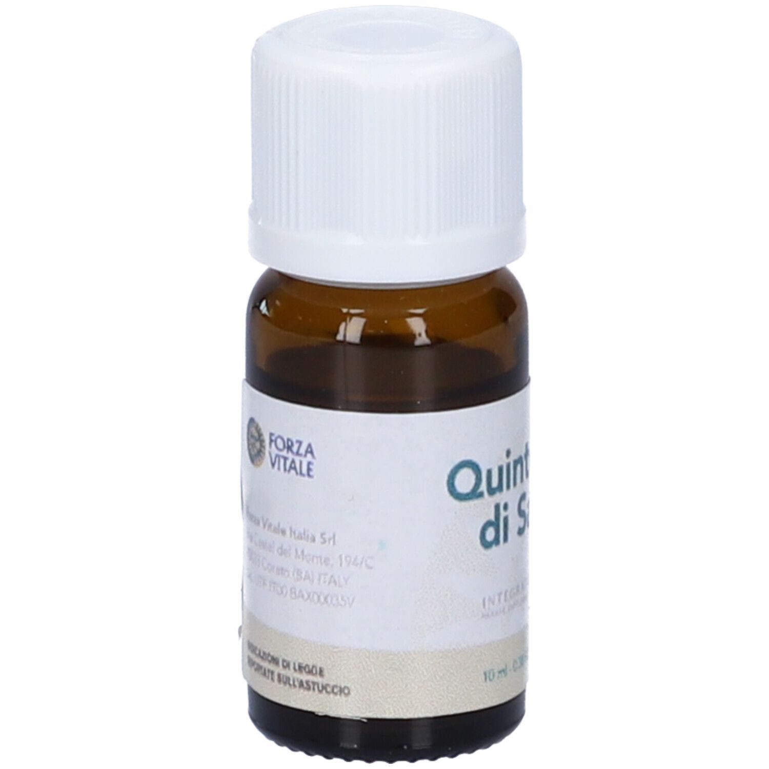 Flacone di vetro marrone con tappo bianco. Scritta: Quintessenza di Sandalo. Etichetta con informazioni sul prodotto.