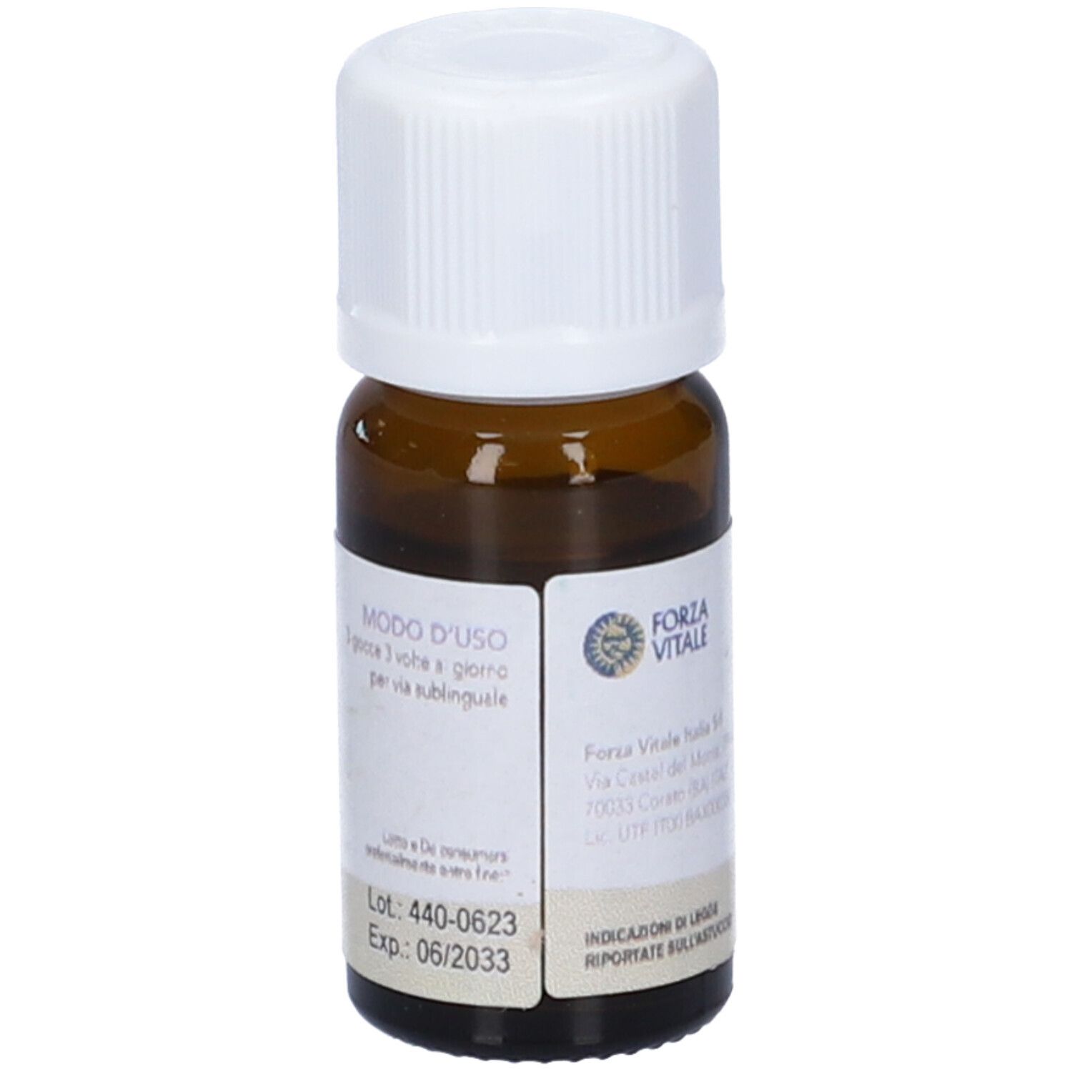 Flacone di vetro marrone con tappo bianco. Etichetta con informazioni sul prodotto, tra cui data di scadenza e numero di lotto.