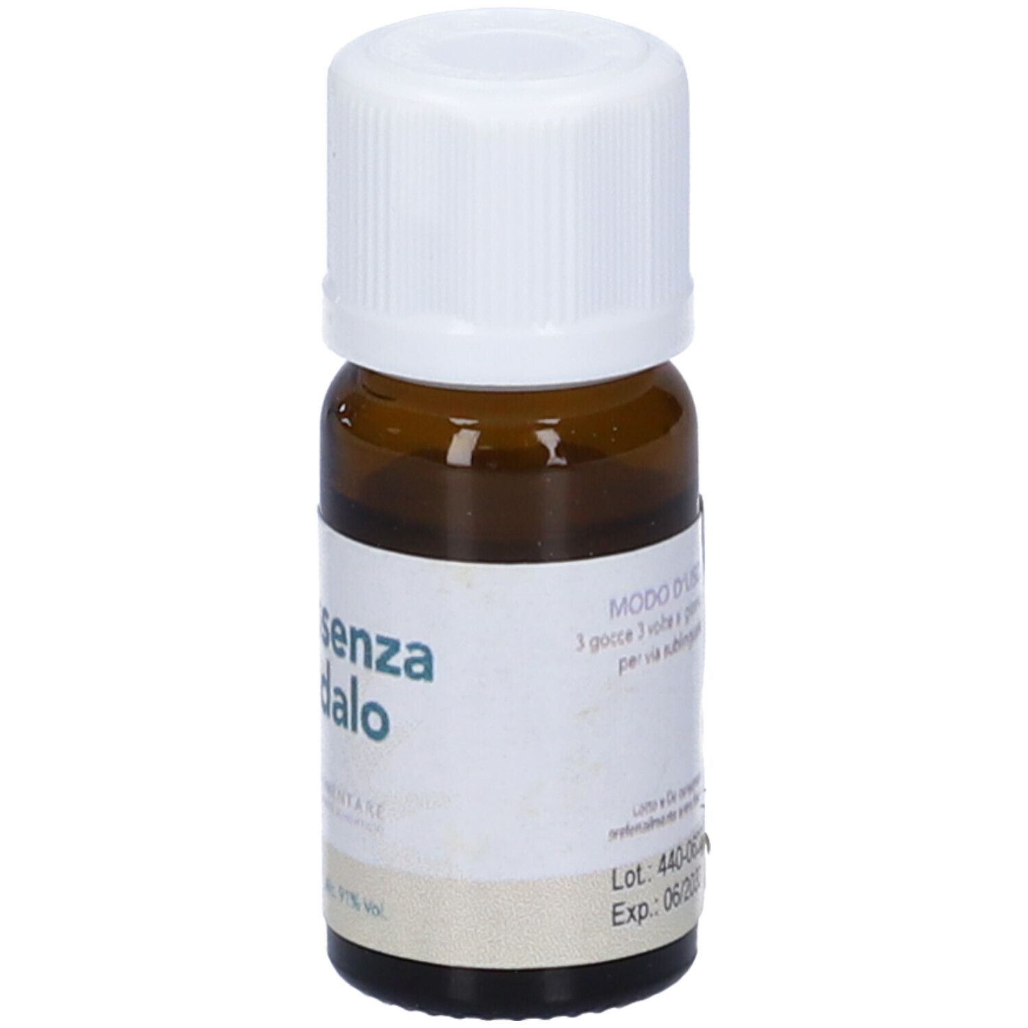 Flacone di vetro marrone con tappo bianco. Etichetta con informazioni sul prodotto, tra cui data di scadenza e numero di lotto.