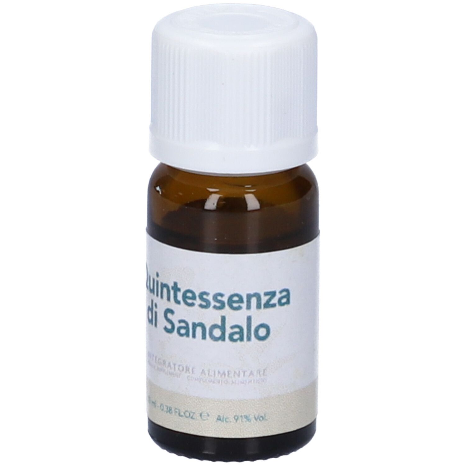Flacone di vetro marrone con tappo bianco. Scritta: Quintessenza di Sandalo. Etichetta con informazioni sul prodotto.