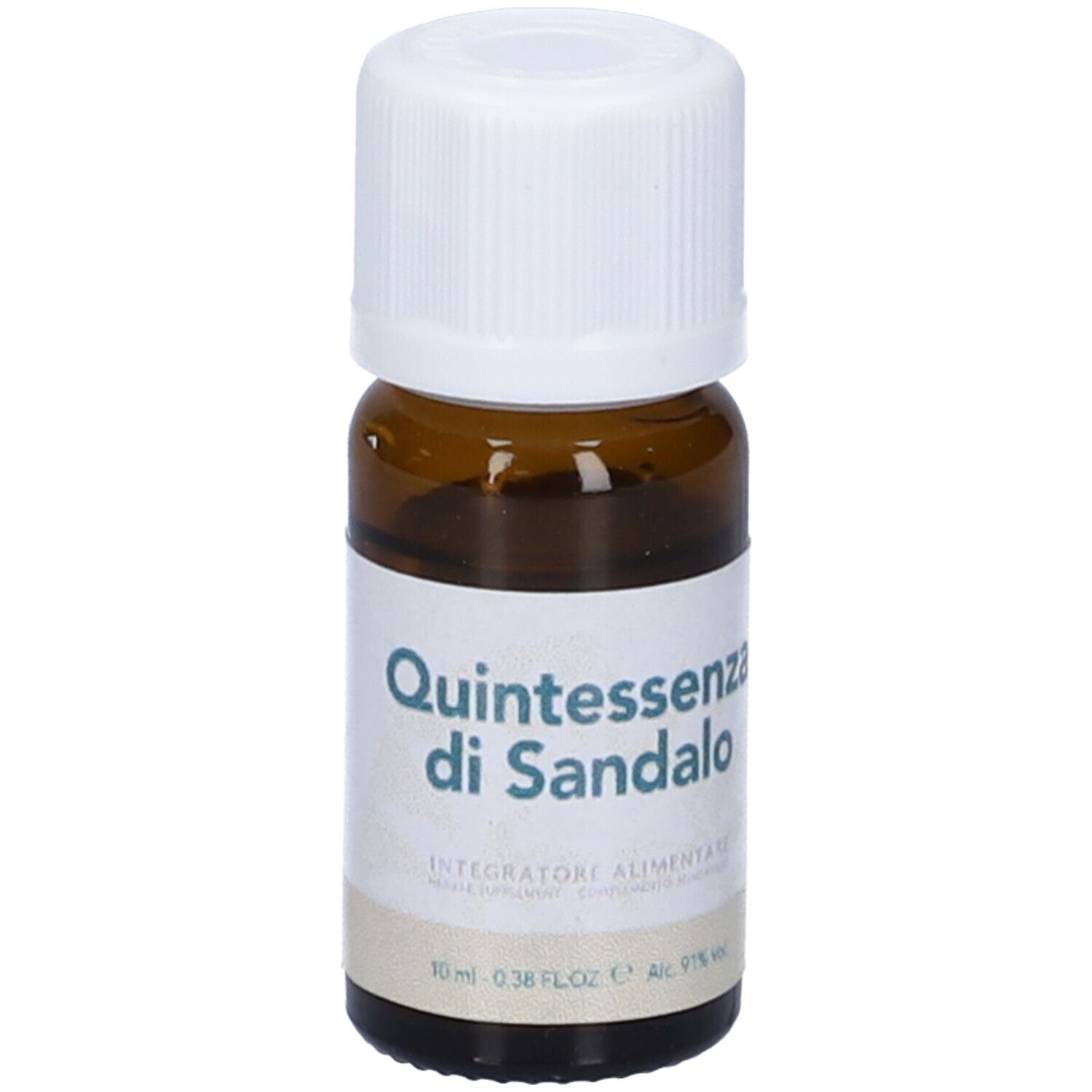 Flacone di vetro marrone con tappo bianco. Scritta: Quintessenza di Sandalo. Etichetta con informazioni sul prodotto.