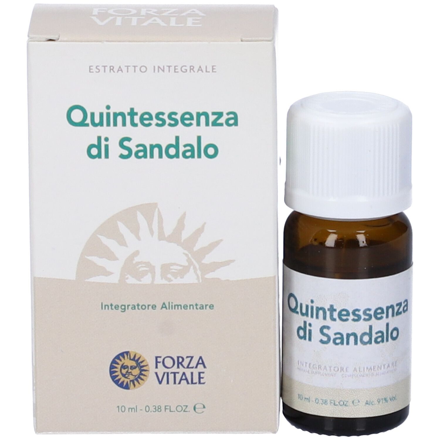 Flacone di vetro marrone con tappo bianco e confezione in cartone. Scritta: Quintessenza di Sandalo. Marchio Forza Vitale.