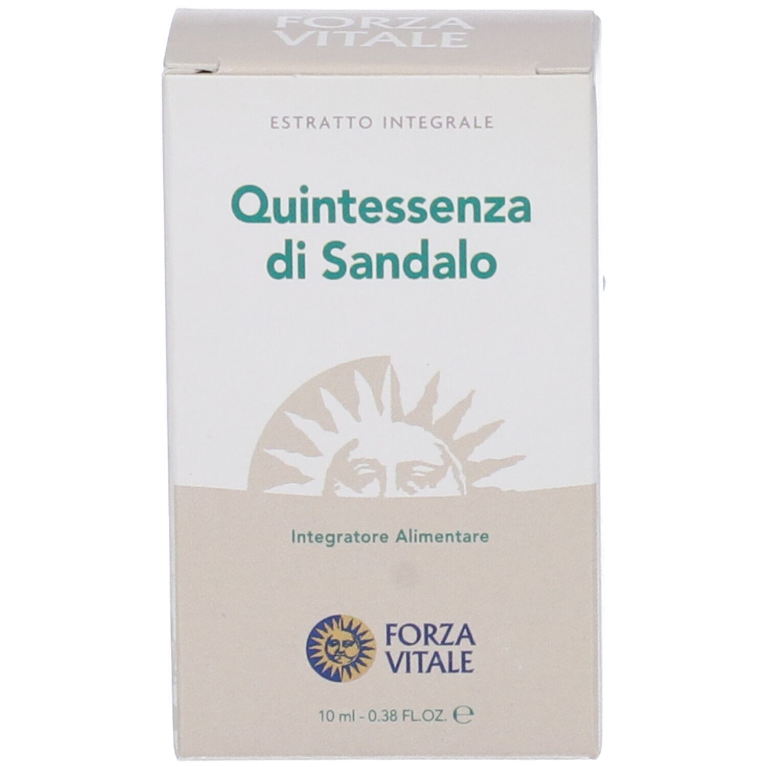 Confezione in cartone con scritta: Quintessenza di Sandalo. Marchio Forza Vitale. Logo sole.