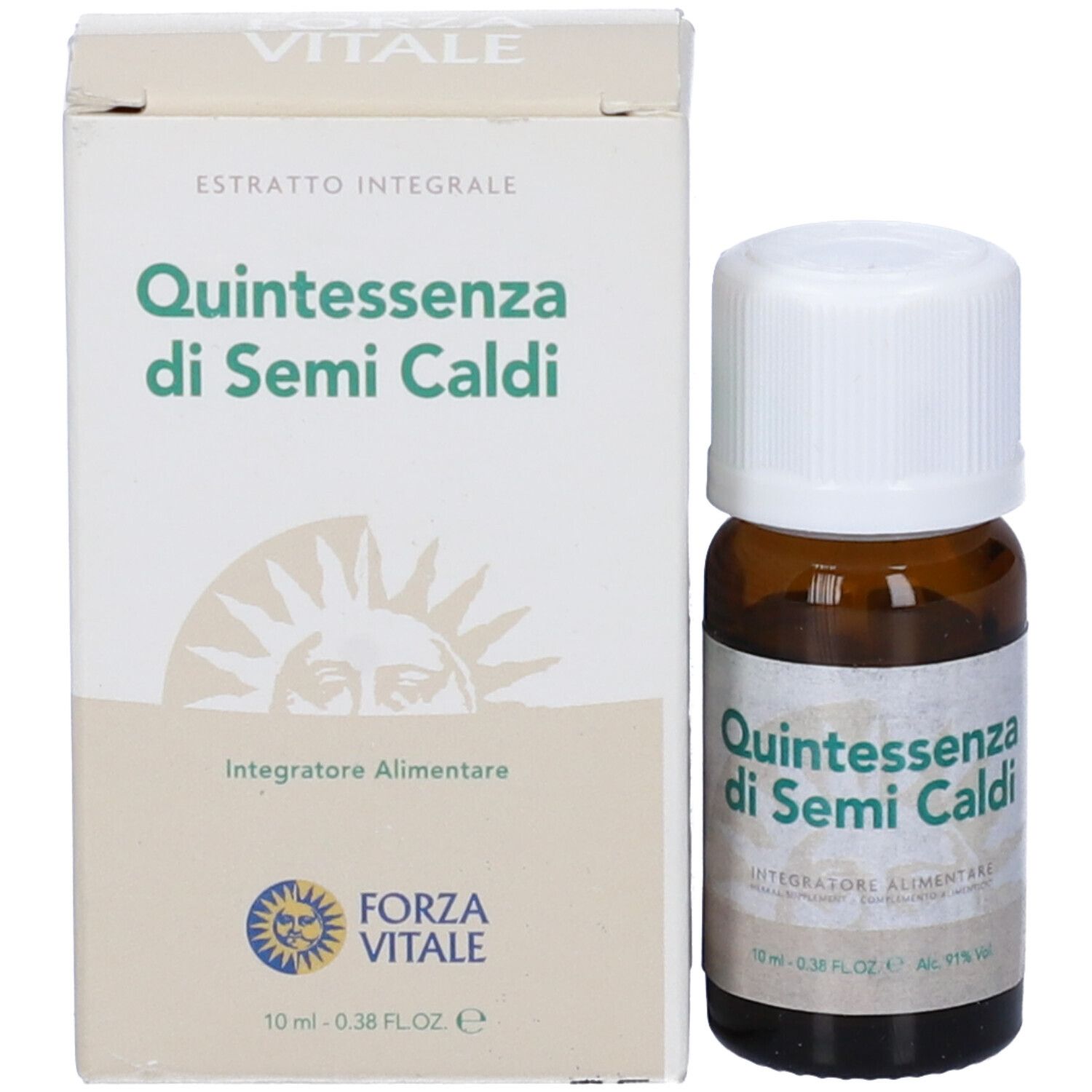 Flacone di vetro marrone con tappo bianco e scatola. Scritta: Quintessenza di Semi Caldi. Logo Forza Vitale.