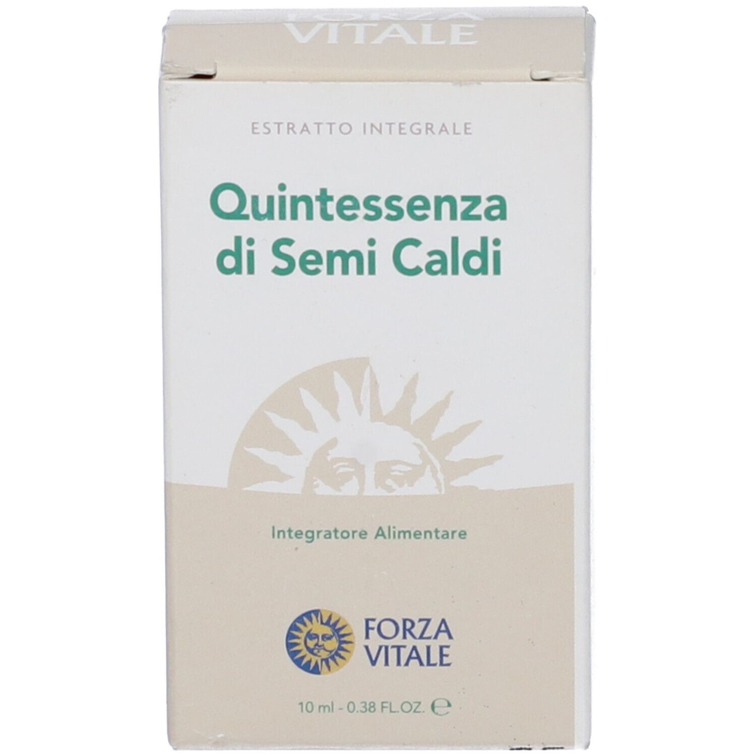 Scatola con scritta: Quintessenza di Semi Caldi. Logo Forza Vitale. Testo: Estratto Integrale.