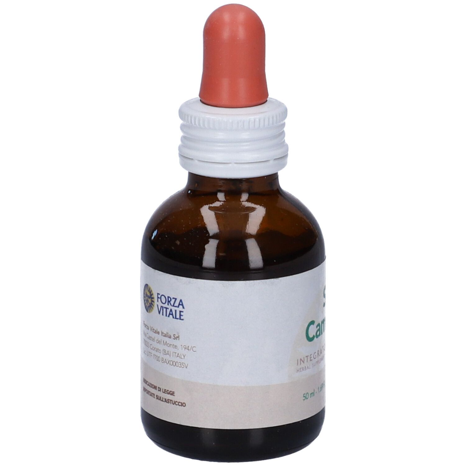Flacone di vetro marrone con etichetta bianca e contagocce rosso. Sull'etichetta è scritto Forza Vitale.
