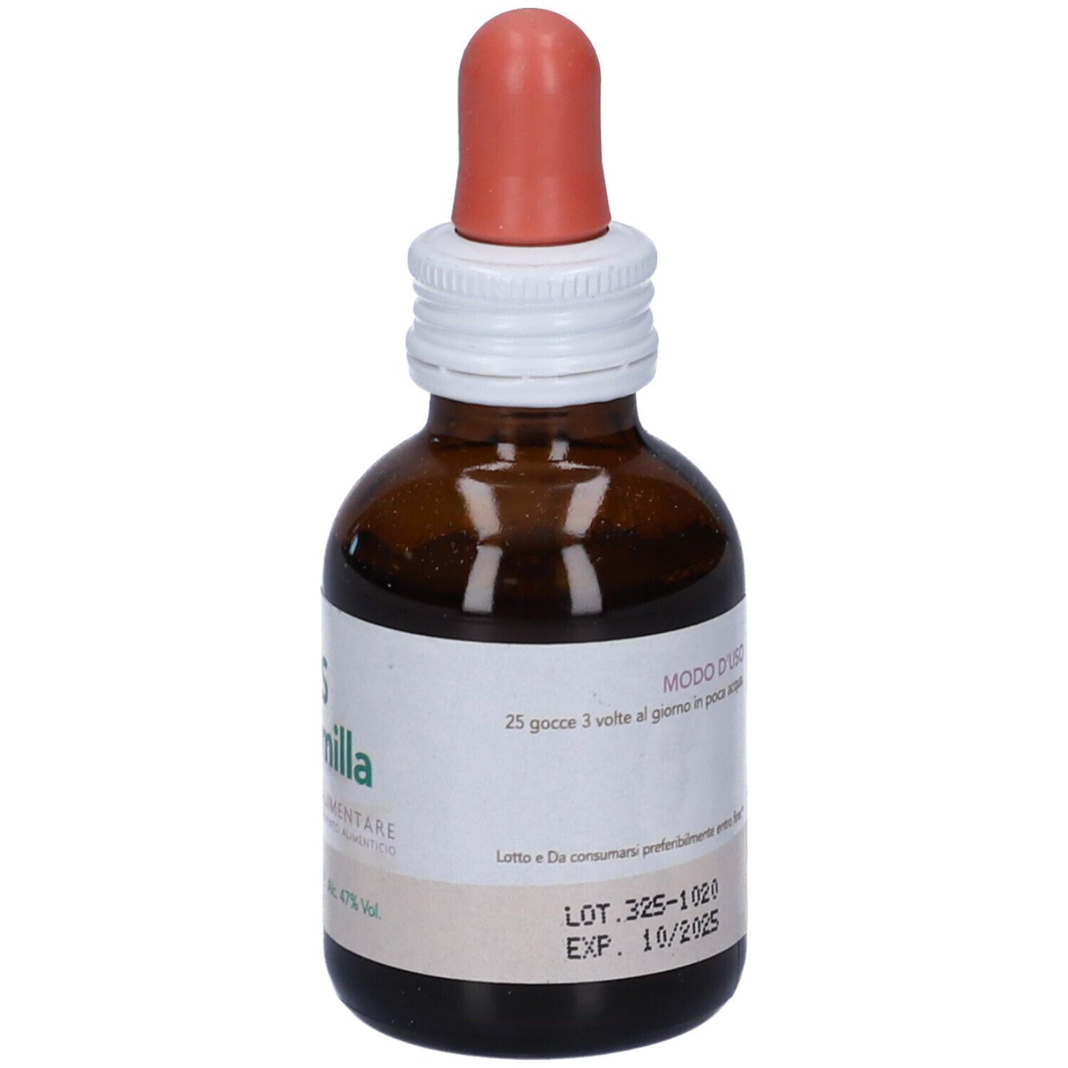 Flacone di vetro marrone con etichetta bianca e contagocce rosso. Sull'etichetta è scritto Modo d'uso e EXP 10/2025.