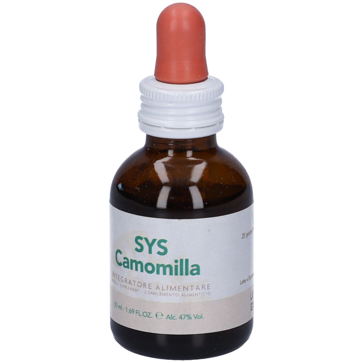 Flacone di vetro marrone con etichetta bianca e contagocce rosso. Sull'etichetta è scritto SYS Camomilla.