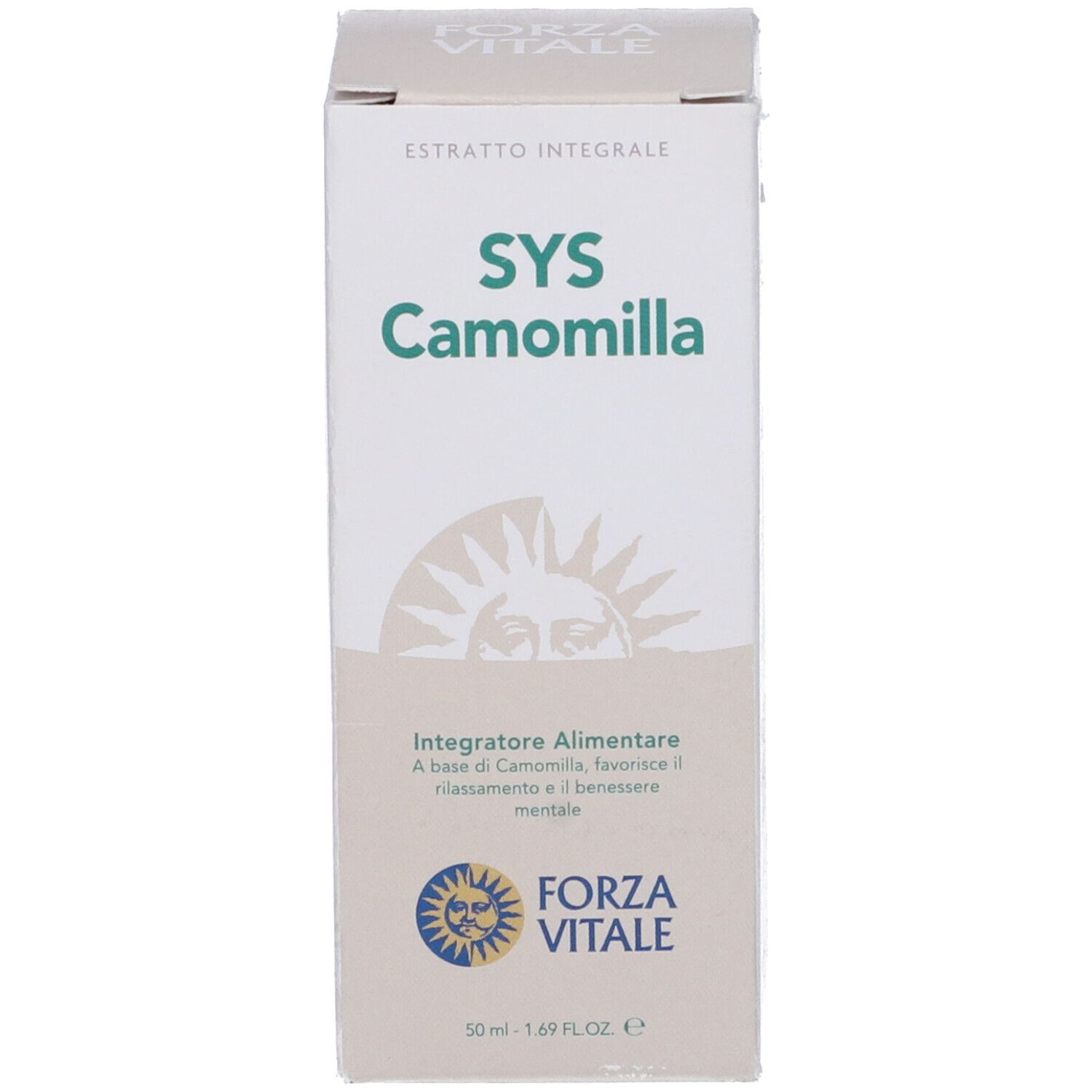 Scatola bianca con scritta SYS Camomilla e logo.