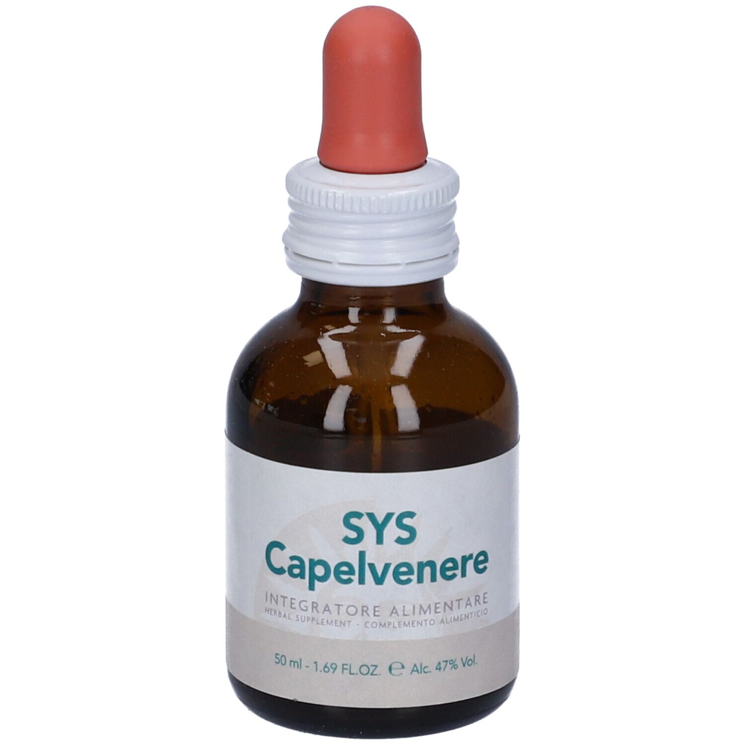 Flacone di vetro marrone con contagocce. Scritta: SYS Capelvenere, Integratore Alimentare. Etichetta con ingredienti e alcol.