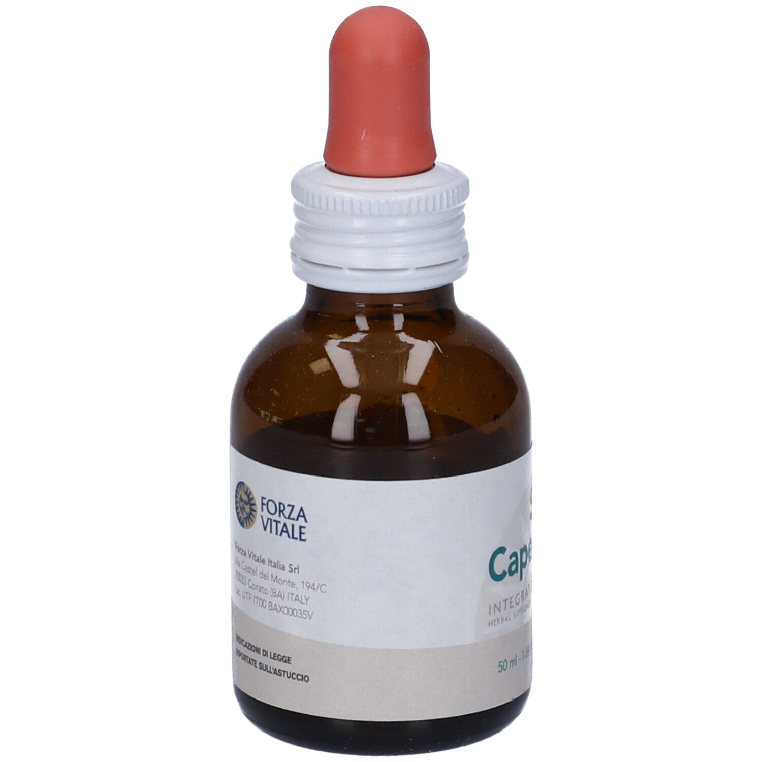 Flacone di vetro marrone con contagocce. Scritta: SYS Capelvenere, Integratore Alimentare. Etichetta con ingredienti e alcol.