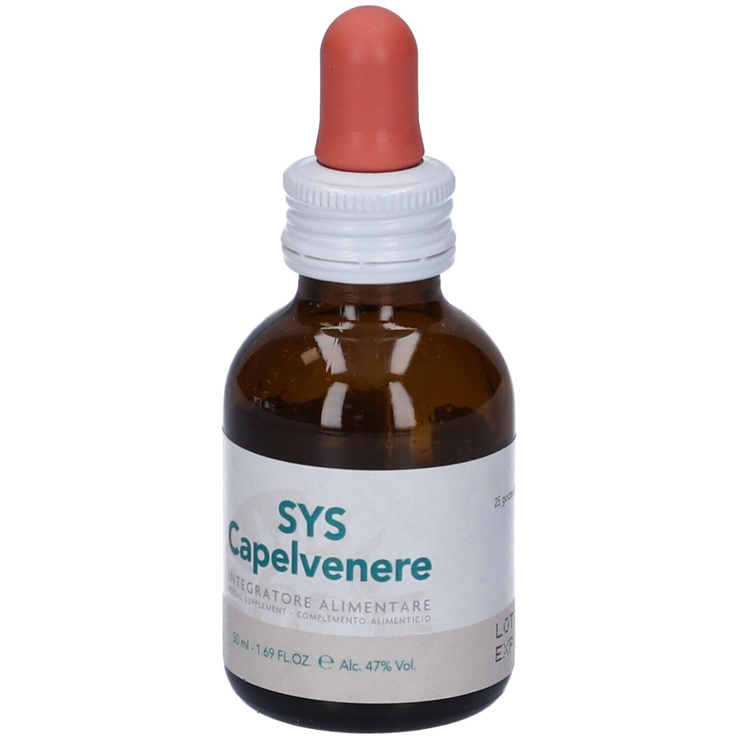 Flacone di vetro marrone con contagocce. Scritta: SYS Capelvenere, Integratore Alimentare. Etichetta con ingredienti e alcol.