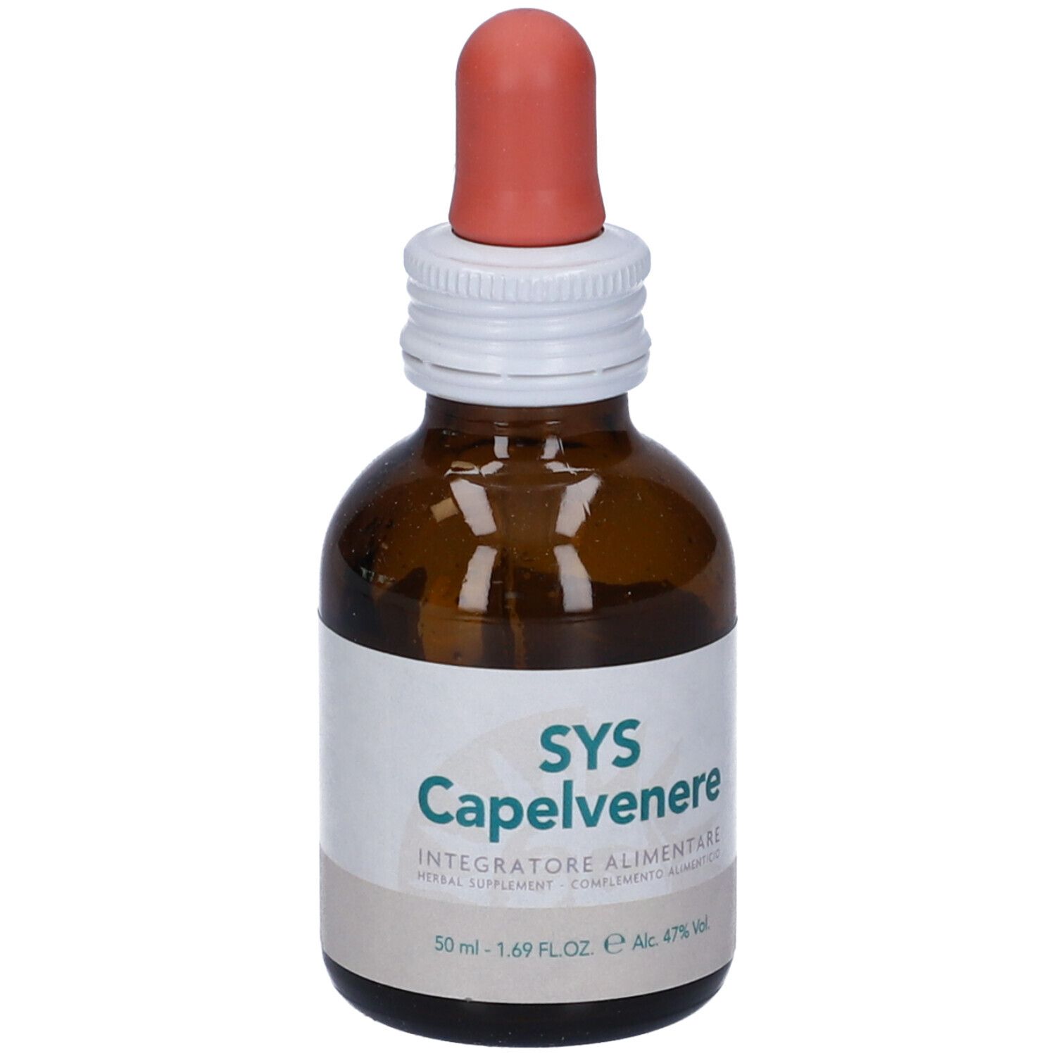 Flacone di vetro marrone con contagocce. Scritta: SYS Capelvenere, Integratore Alimentare. Etichetta con ingredienti e alcol.