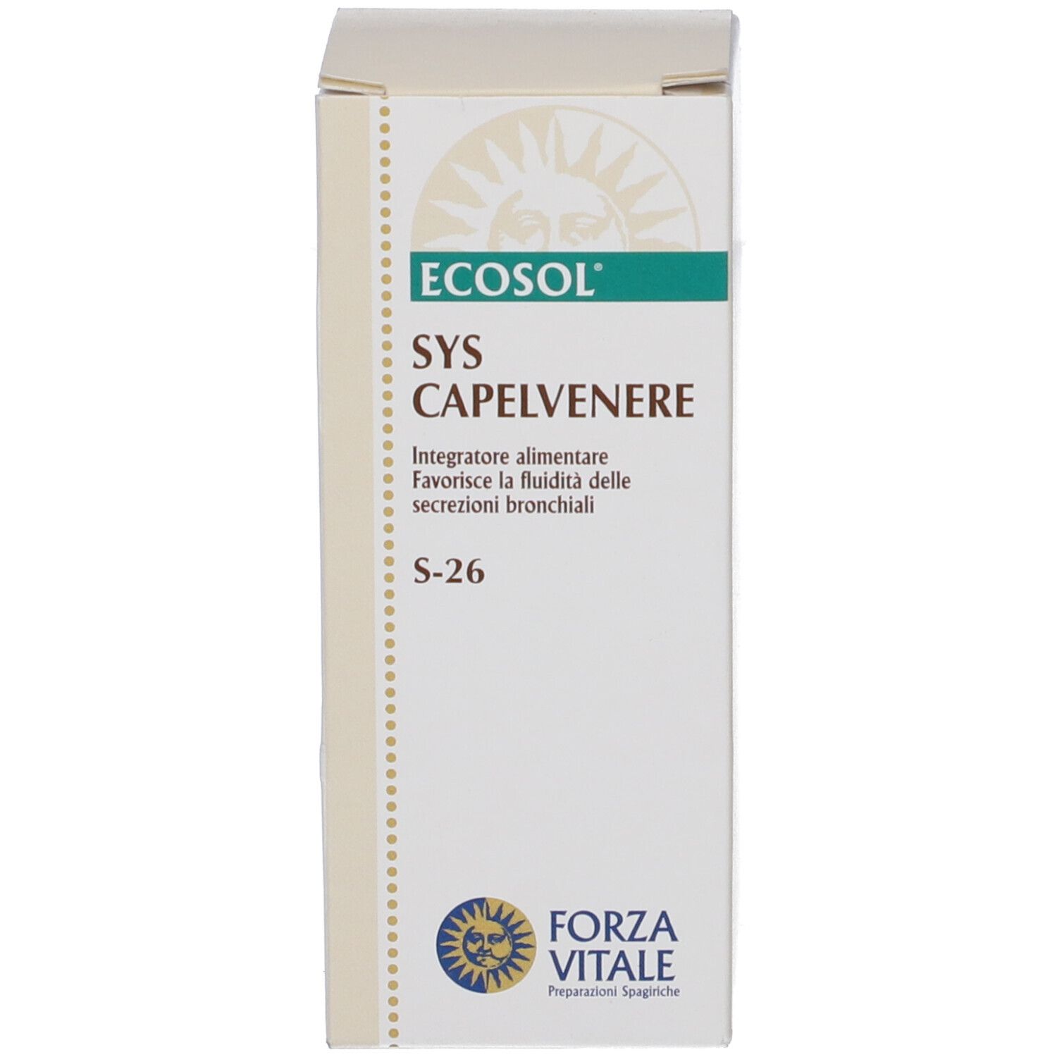 Scatola con scritta: ECOSOL SYS Capelvenere, Integratore alimentare. Marchio: Forza Vitale. Testo e logo.
