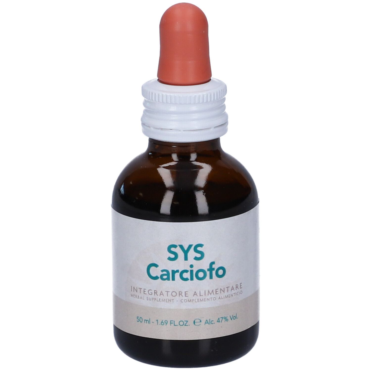 Flacone di vetro marrone con contagocce ed etichetta bianca. L'etichetta indica "SYS Carciofo".